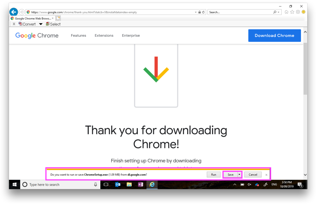 Google Chrome 下載完成畫面 壁紙 — 電腦螢幕顯示Google Chrome下載感謝頁面，包含下載圖示和Windows對話框，詢問要執行或儲存ChromeSetup.exe。