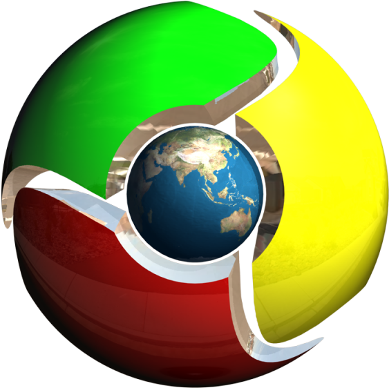 Google Chrome標誌配地球圖案 壁紙 — 一個閃亮的地球儀，被一個分成綠色、黃色和紅色部分的時尚鍍鉻環包裹，背景為黑色。