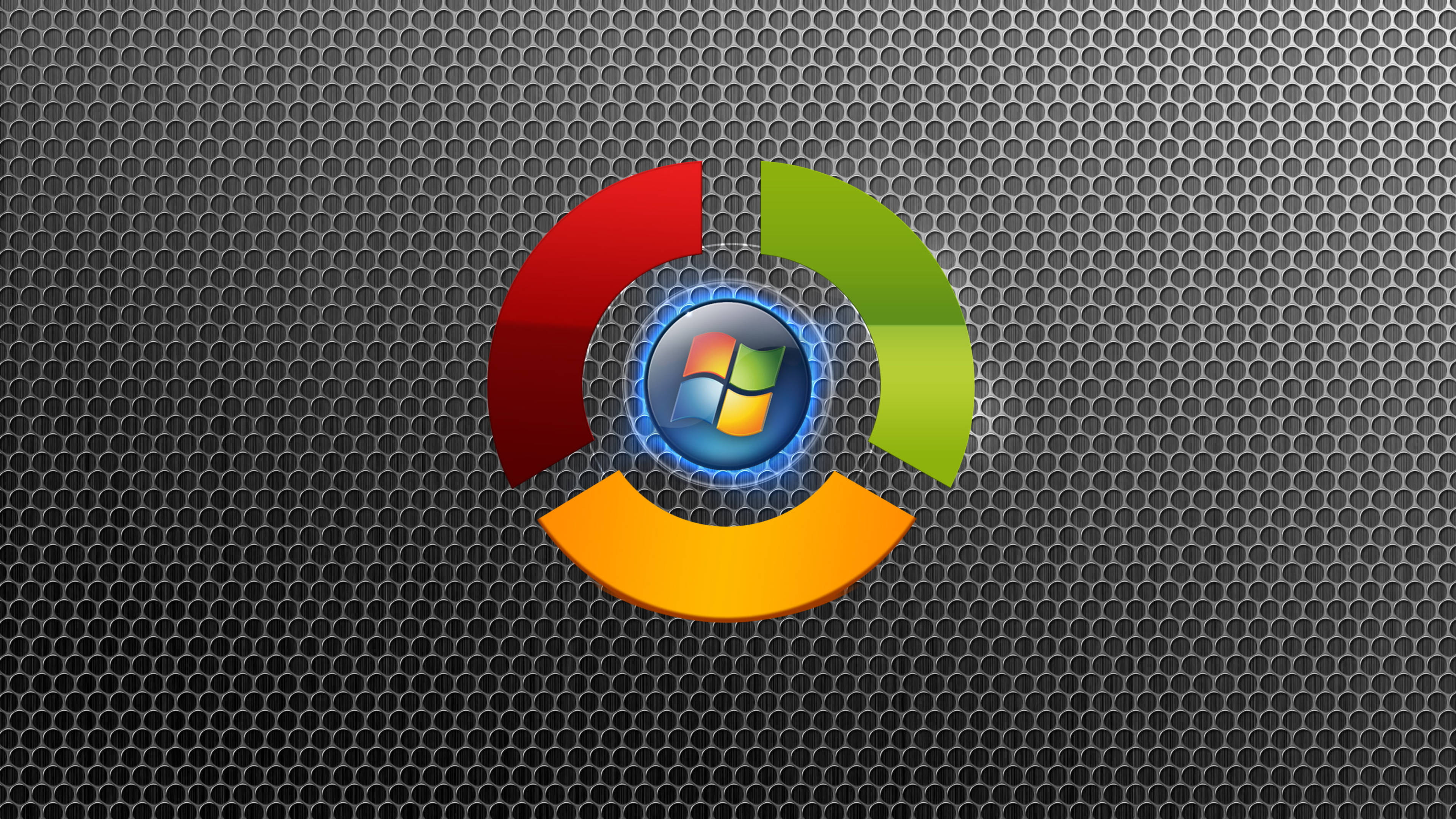 Google Chrome 與 Windows 結合壁紙 壁紙 — Windows 標誌被紅色、綠色和橙色的弧線環繞，在深色金屬網格背景上發光。