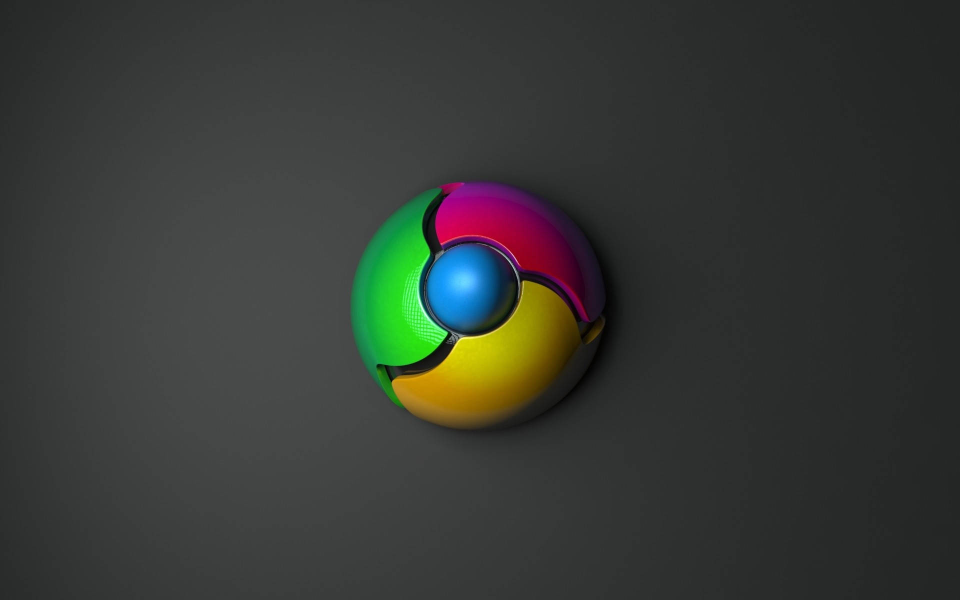 Google Chrome以寶可夢球造型 壁紙 — 一個帶有鮮綠色、粉紅色、黃色和藍色部分的光澤鉻合金標誌，居中放置在深灰色背景上。