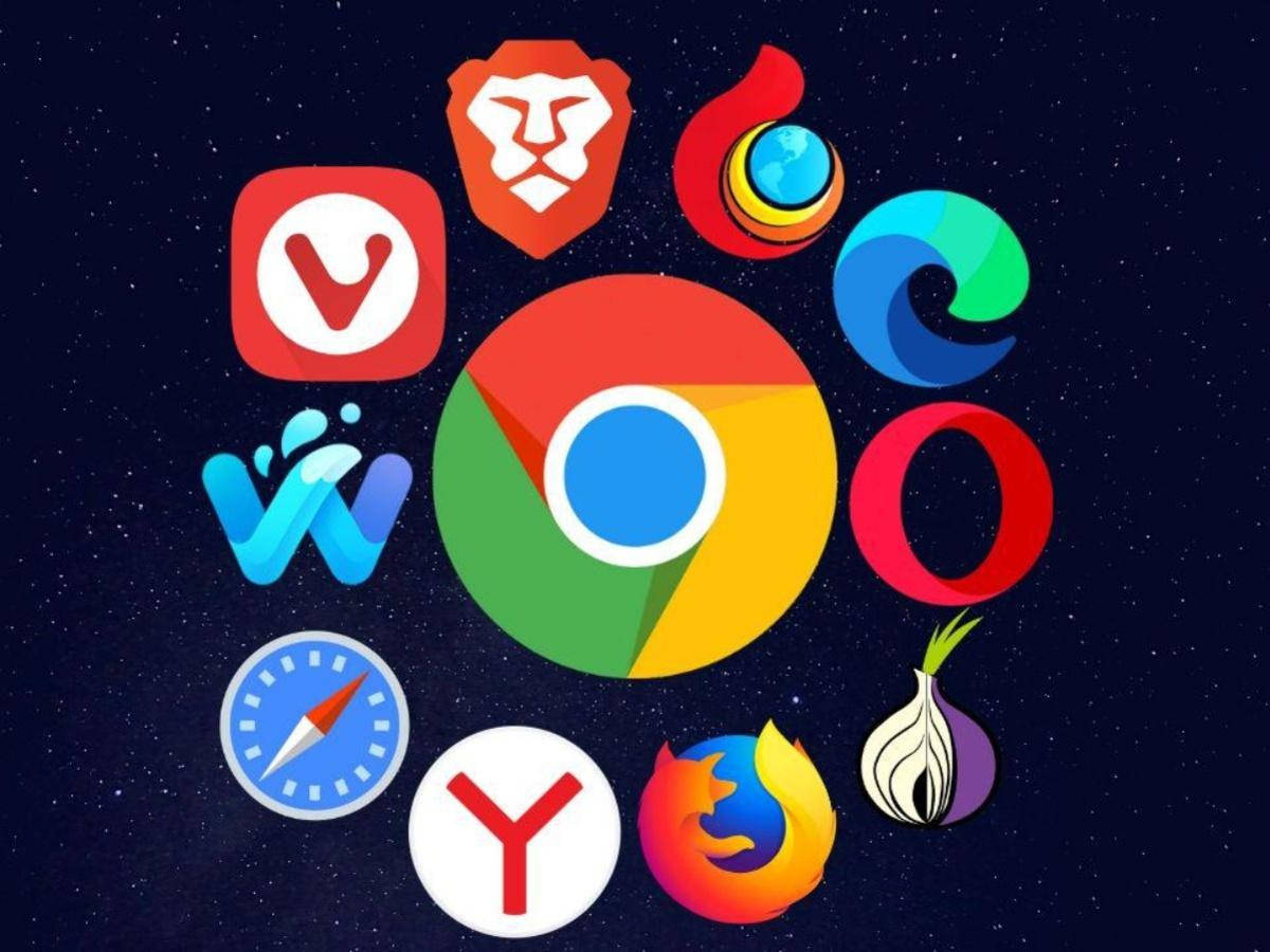 Google Chrome居中於眾瀏覽器 壁紙 — 鮮豔的瀏覽器標誌在星空夜空背景下以圓形排列漂浮。