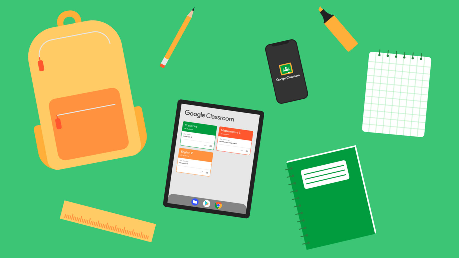 Google Classroom 學校用品圖案 壁紙 — 在充滿活力的綠色背景上，學校用品和 Google Classroom 平板電腦的平面向量插圖。