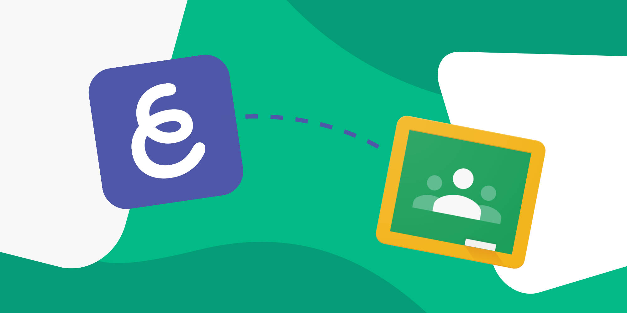 Google Classroom 與 Explain Everything 連結圖像 壁紙 — 一個帶有白色「e」的風格化紫色圖標，通過虛線連接到一個黃色邊框的綠色圖標，該圖標在藍綠色和白色抽象背景上顯示三個用戶剪影。