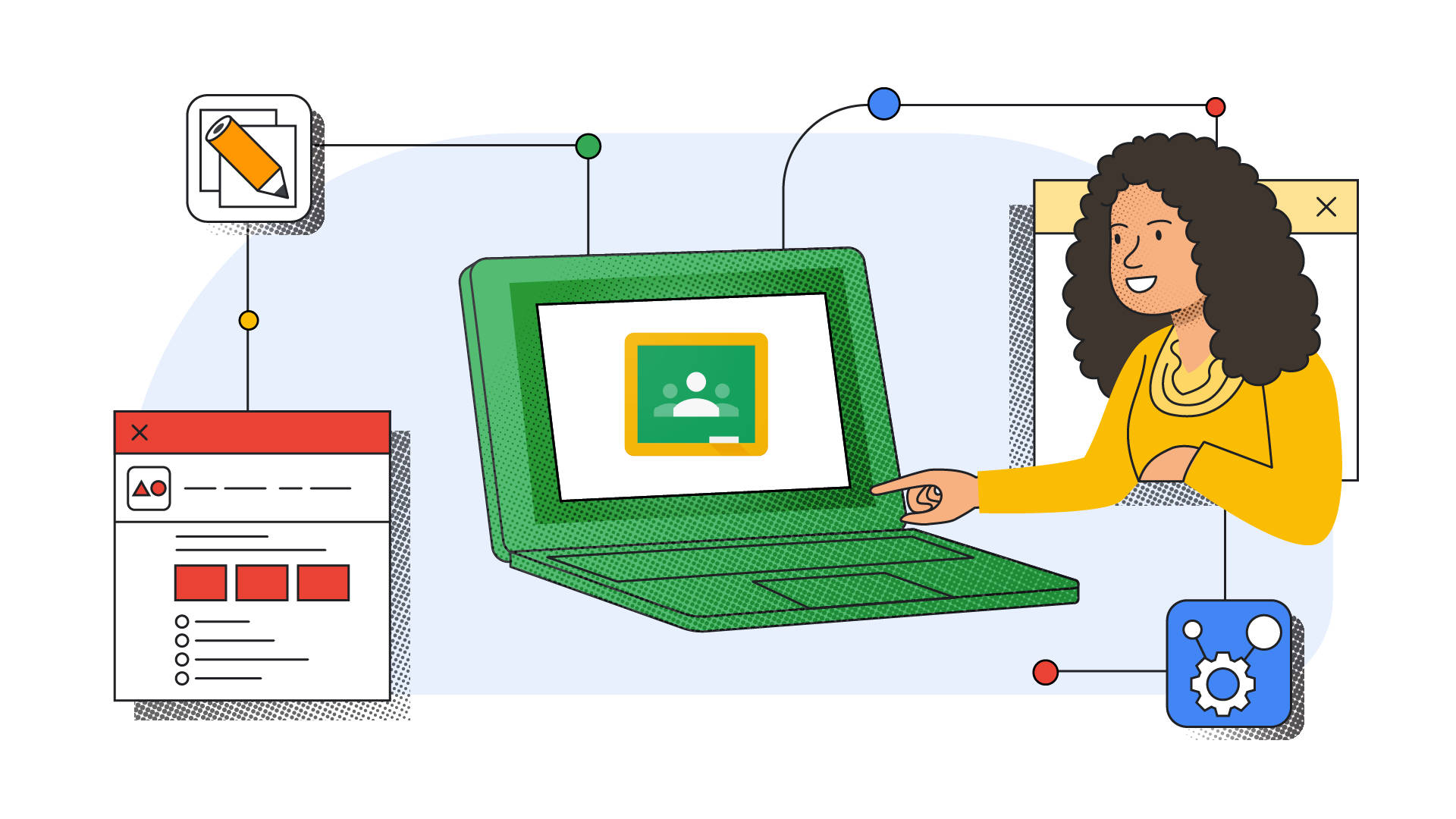 Google Classroom 標誌的圖形設計 壁紙 — 一位穿著黃色上衣的開朗女性，正在與一部綠色筆記型電腦互動，周圍環繞著數位設計工具和介面元素。