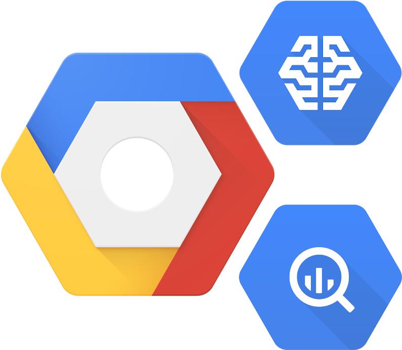 Google Cloud 圖標集 壁紙 — 三個彩色六邊形圖標，帶有扁平設計符號，用於設置、分析和大腦，背景為黑色。