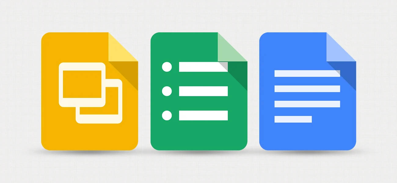 黃色、綠色和藍色的 Google Slides、Sheets 和 Docs 應用程式圖示