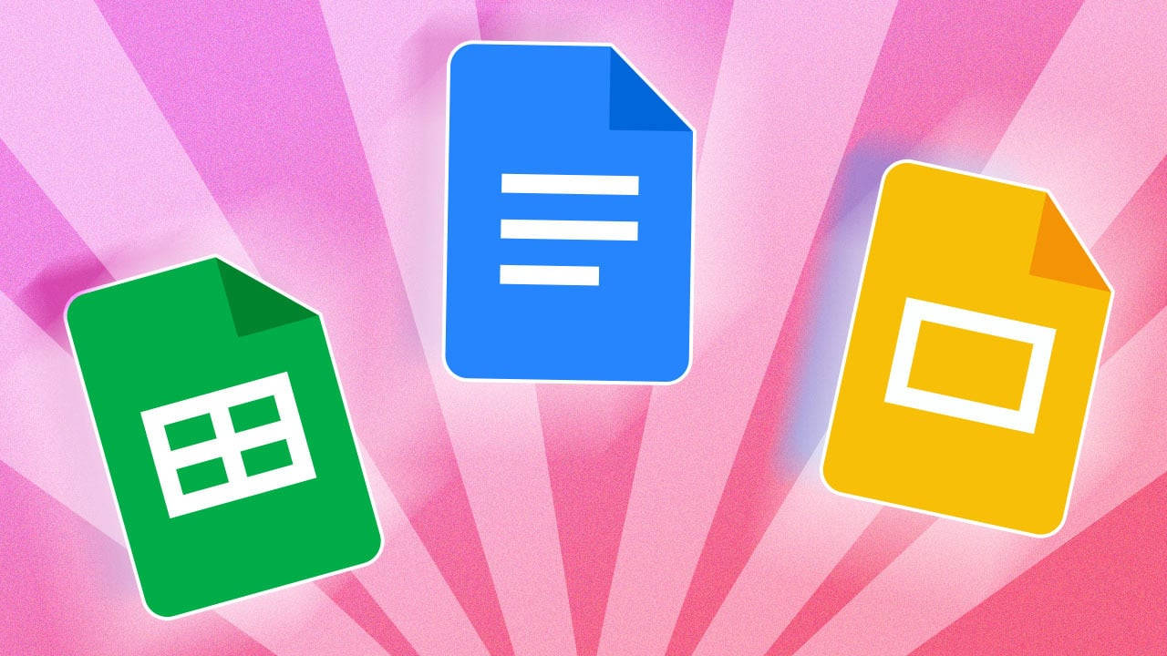 粉紅色背景上的 Google Sheets、Docs 和 Slides 應用程式圖示