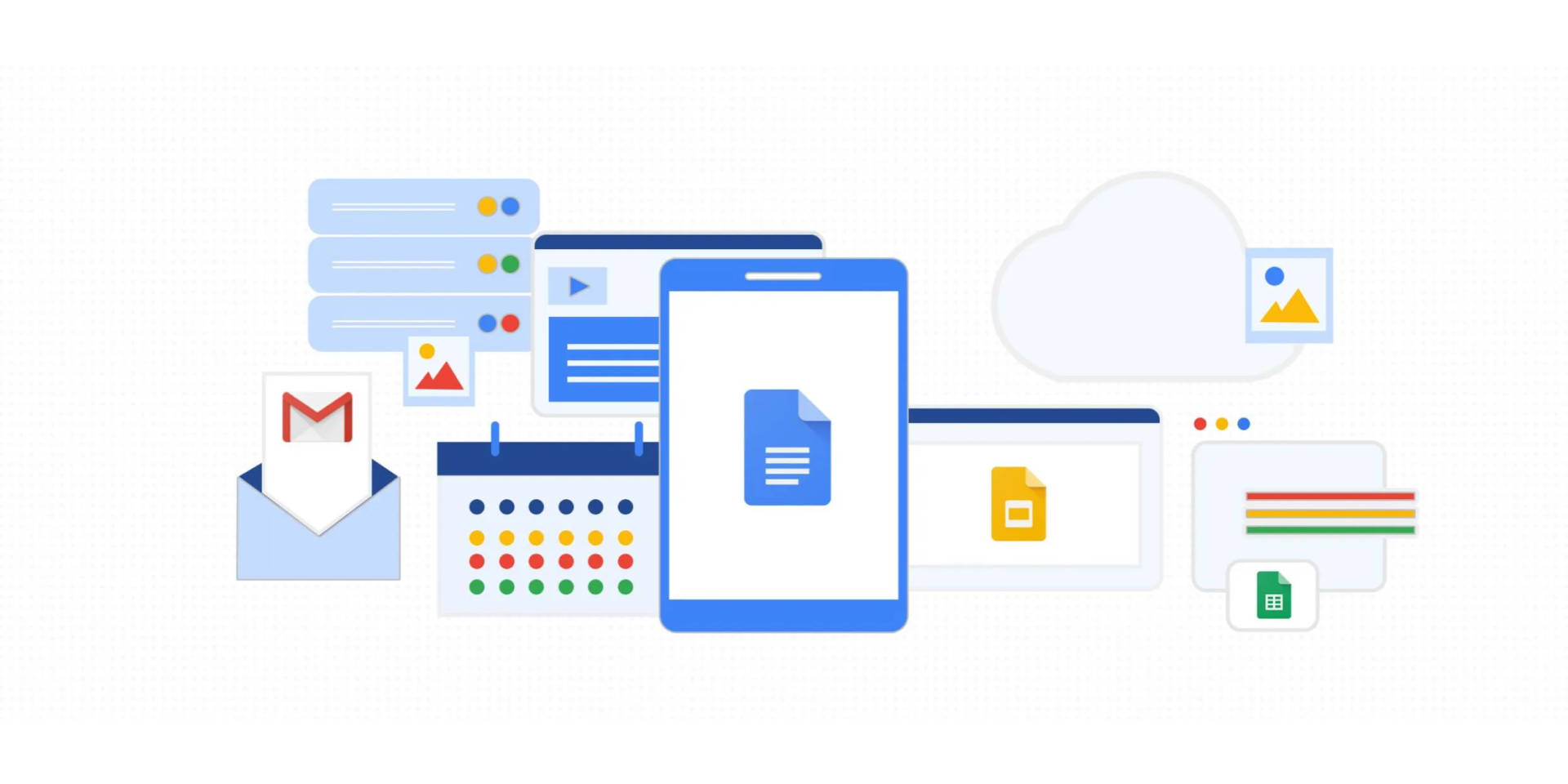 Google Workspace 應用程式圖示漂浮在智能手機和雲端周圍。