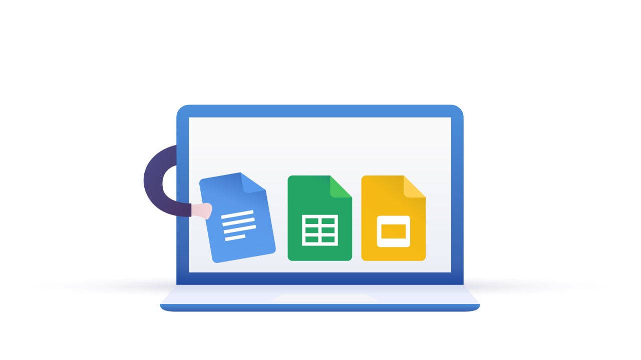 手從筆記型電腦屏幕中拉出 Google Docs Sheets 和 Slides 圖標。