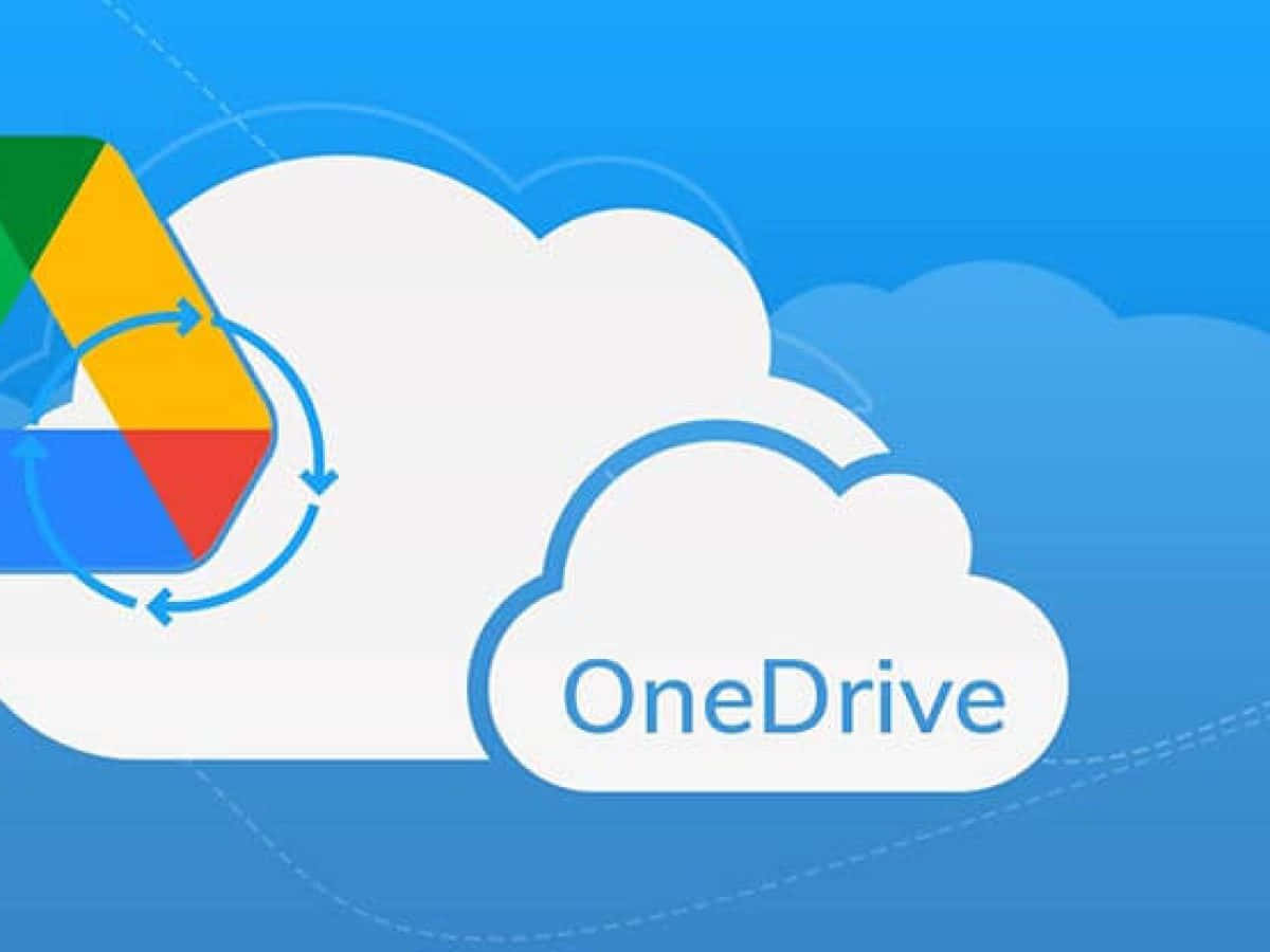 Google Drive 與 OneDrive 圖標 壁紙 — Google Drive 圖示與 OneDrive 雲端標誌在藍色漸變背景上同步。