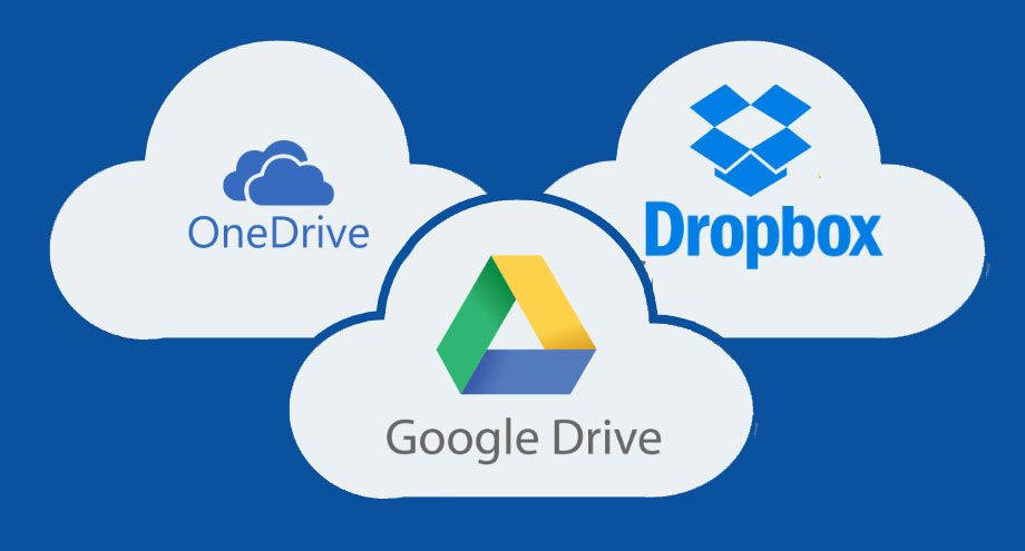 三個雲朵圖標，帶有 OneDrive、Dropbox 和 Google Drive 標誌，在藍色背景上。