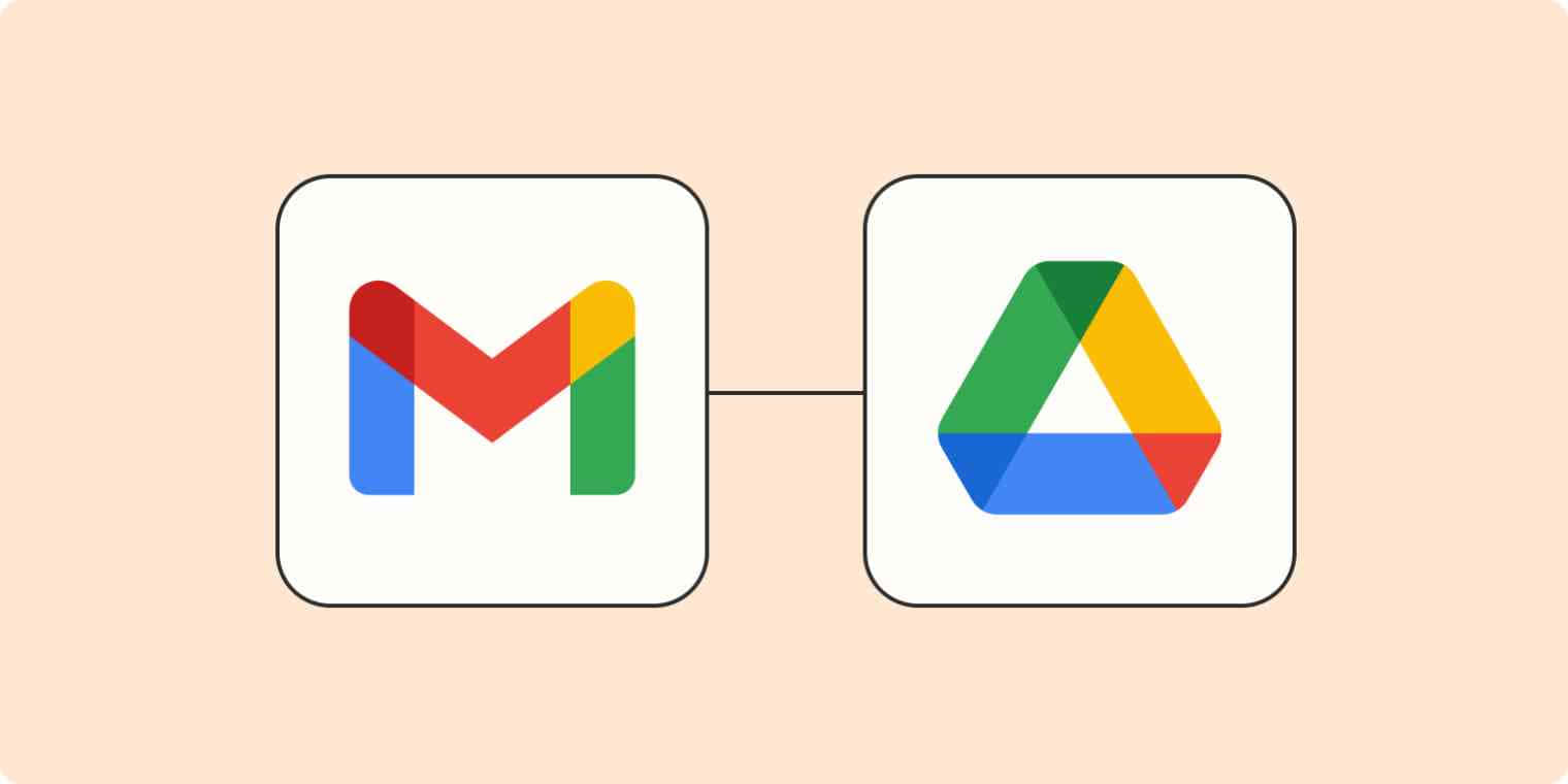 Gmail和Google Drive應用程式圖示在桃色背景上連結在一起。