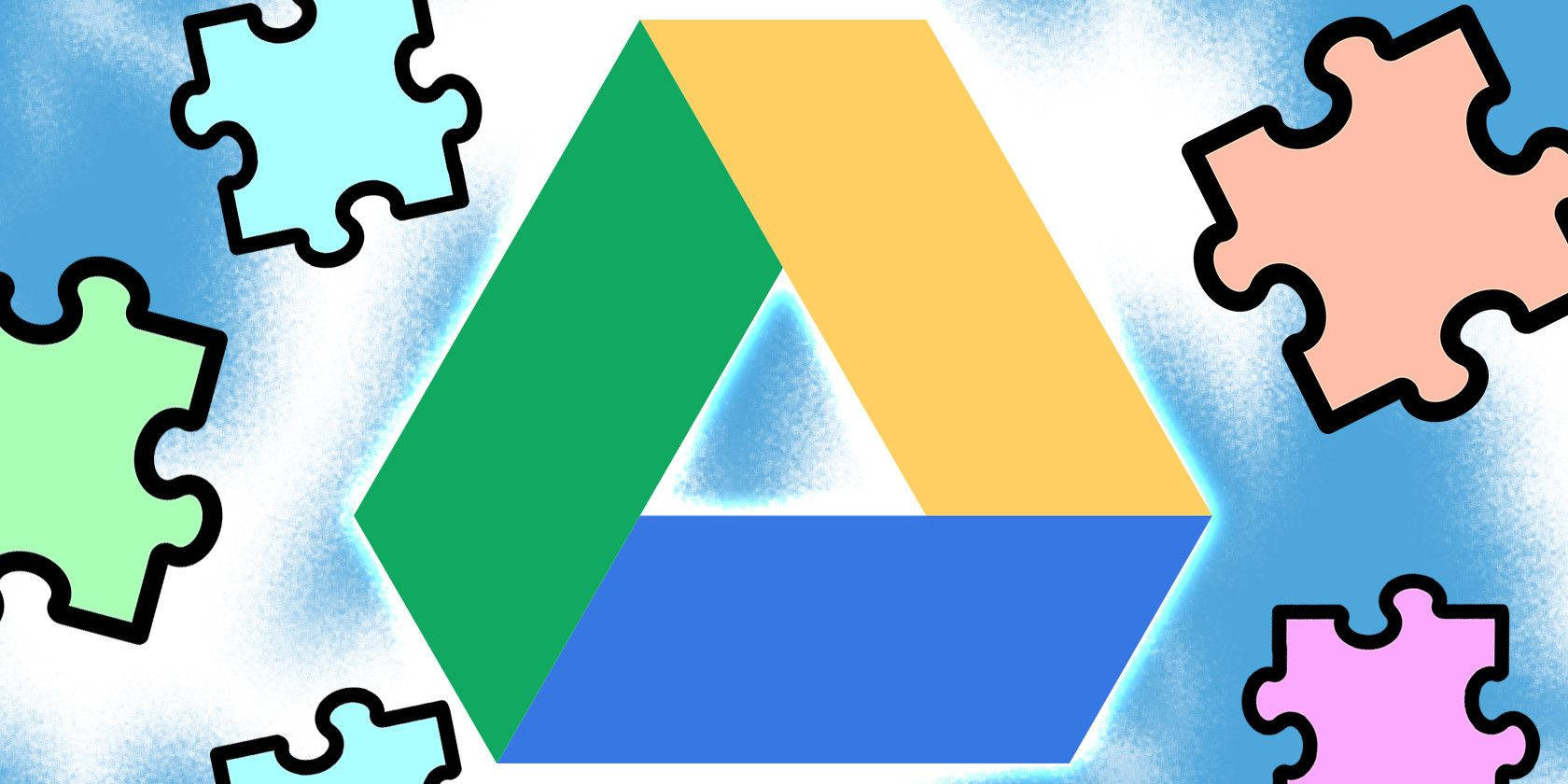 Google Drive 標誌被浮動的粉彩拼圖塊環繞。