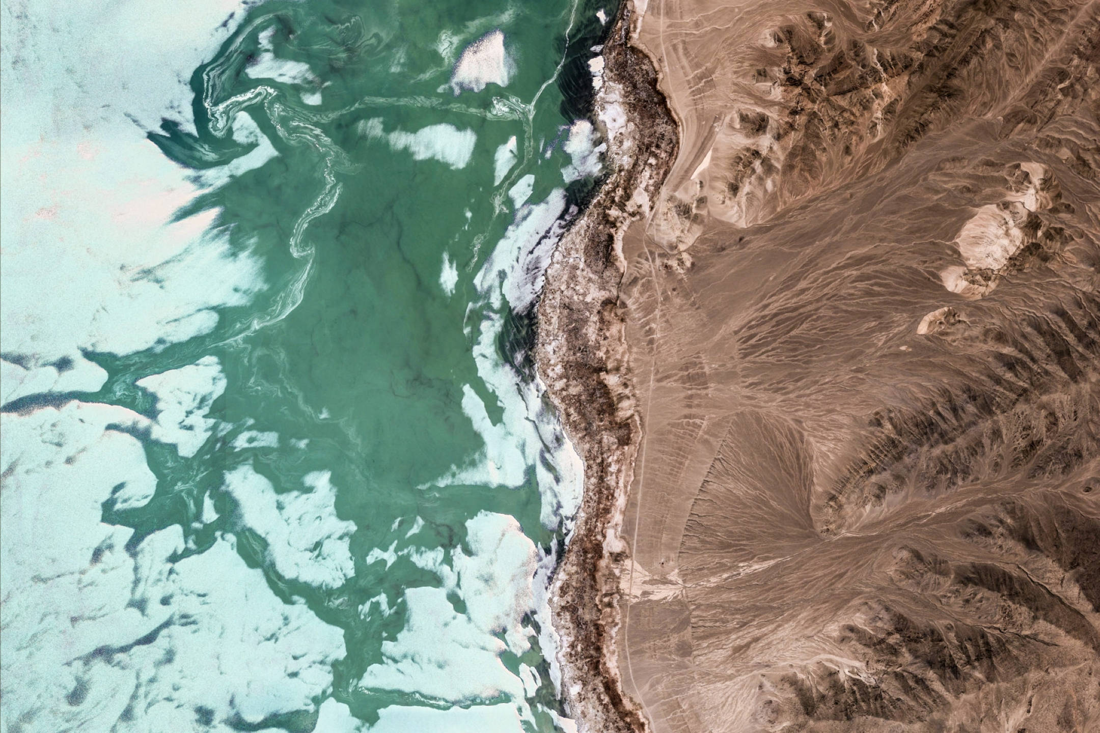 Google Earth 中國阿里地區 壁紙 — 荒涼沙漠山脈與旋轉藍綠色和綠色河流三角洲交匯的鳥瞰圖。