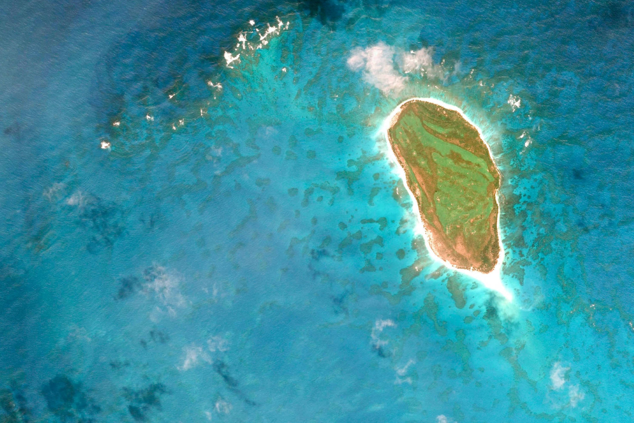 Google Earth 夏威夷利西安斯基島 壁紙 — 俯瞰一個鬱鬱蔥蔥的綠色島嶼，周圍環繞著充滿活力的碧綠海水和白色珊瑚礁。
