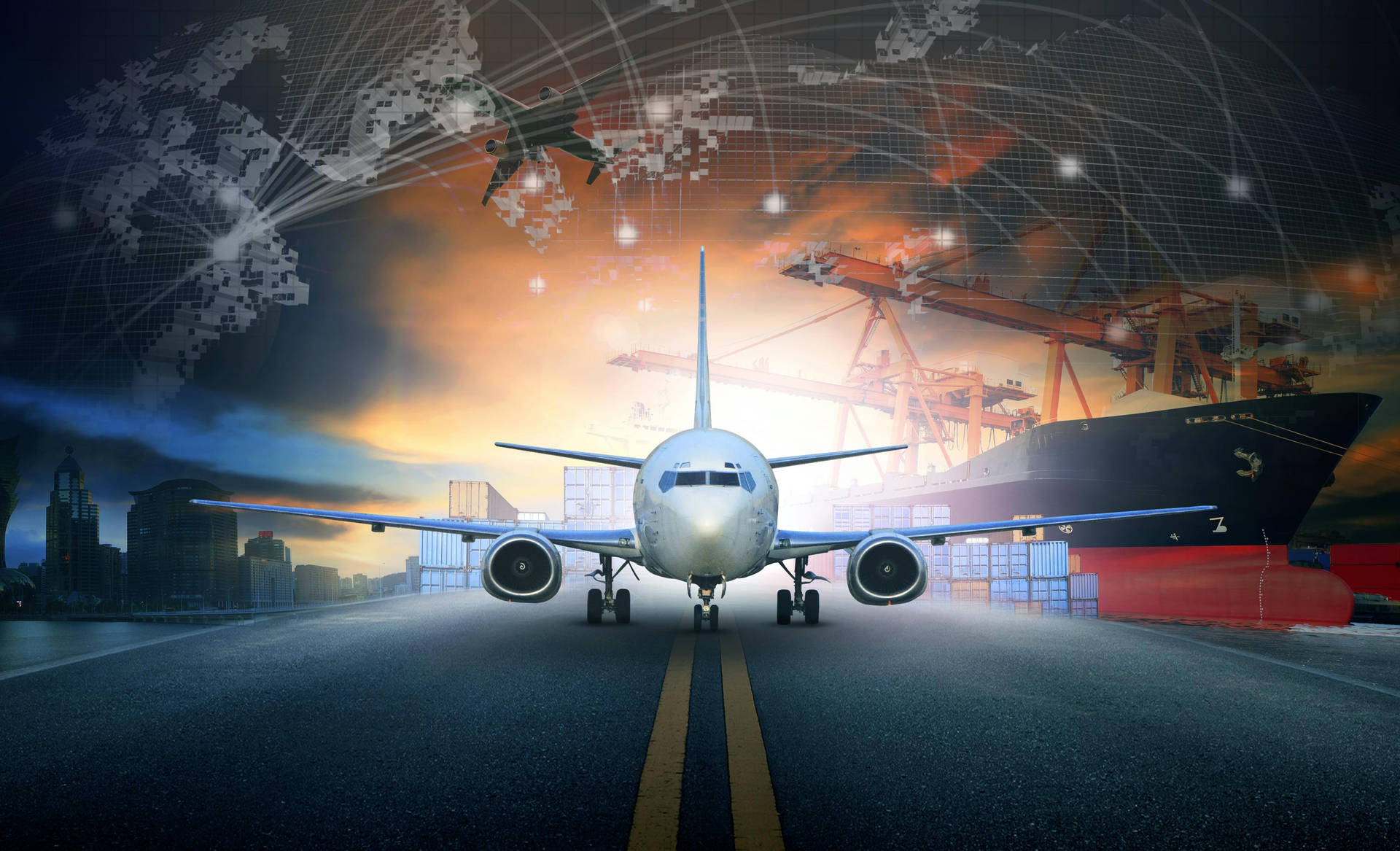 日落天空下，跑道上的飛機、貨船和城市天際線。