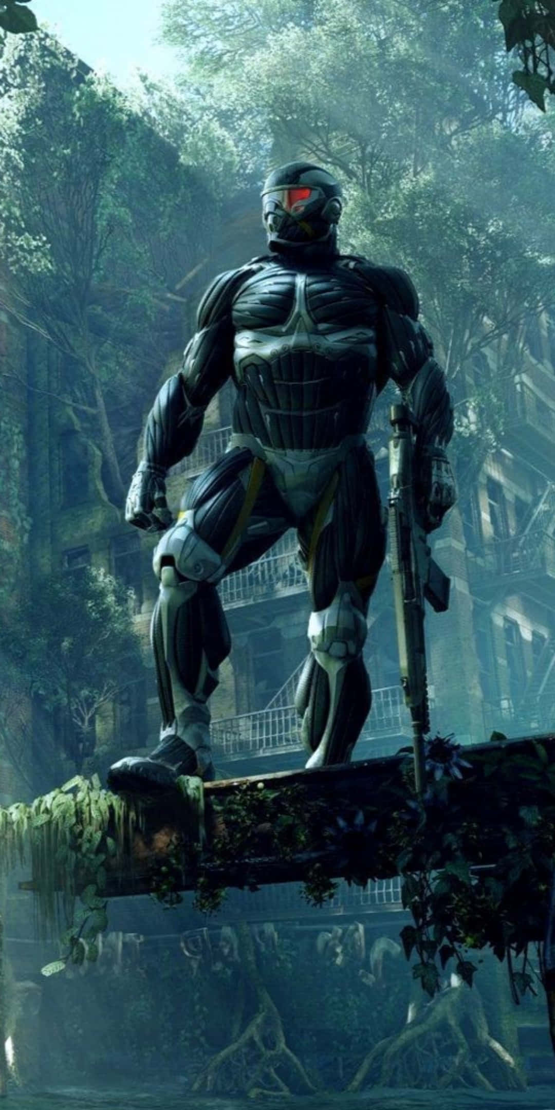 Google Pixel 3 上 Crysis 3 的炫目畫面 壁紙 — 一個未來風格的裝甲士兵，雙眼發出紅光，站在茂密叢林中長滿青苔的廢墟上。
