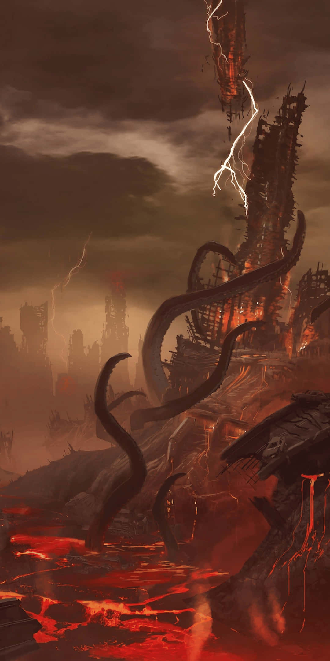Google Pixel 3 手機以突破性《Doom》遊戲征服遊戲產業 壁紙 — 一座扭曲高聳的城市廢墟從熔岩中升起，在暴風雨的天空下，閃電擊中其鋸齒狀的尖塔。
