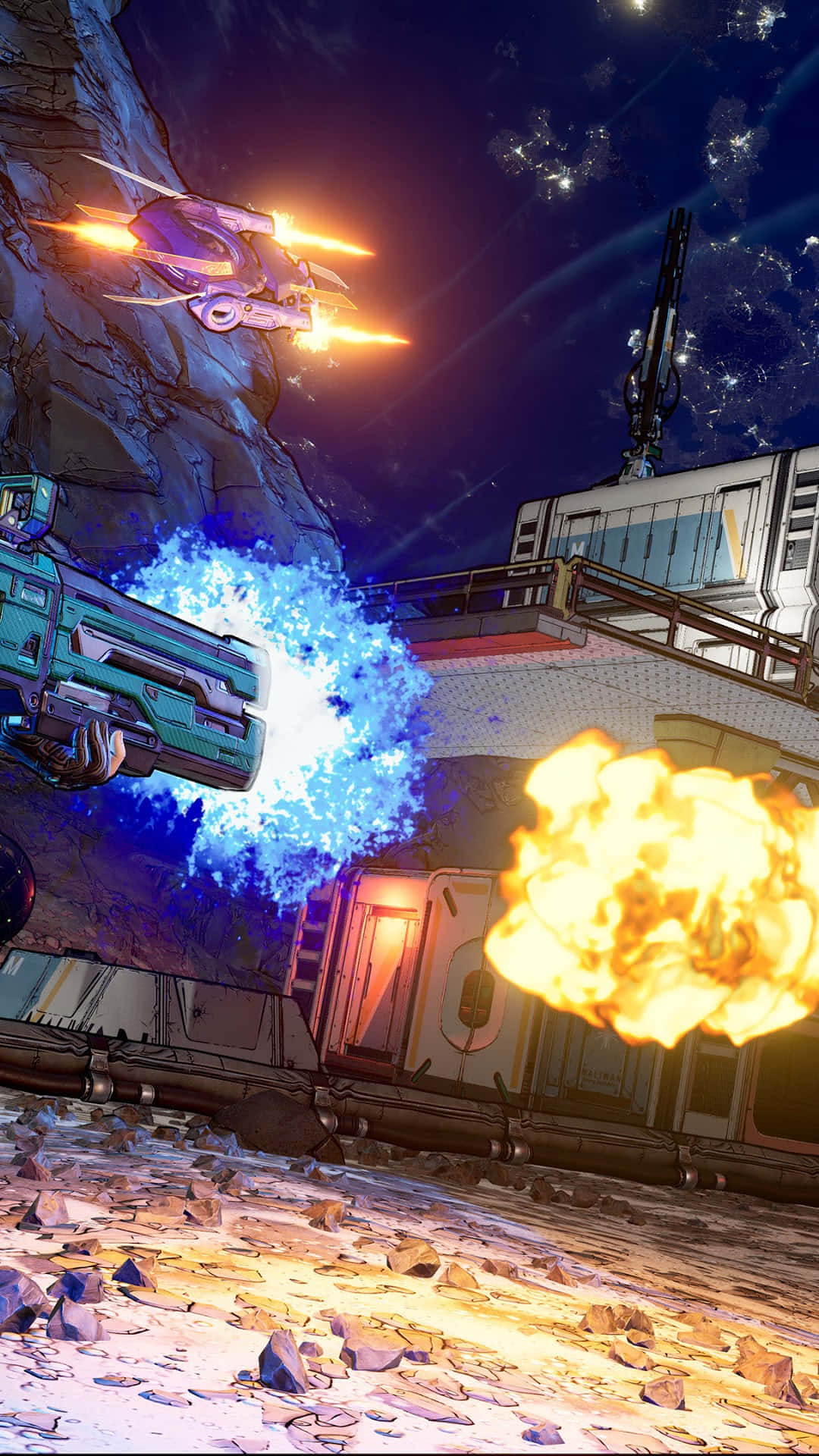 「在 Google Pixel 3XL 上準備好迎接 Borderlands 3 的狂歡」 壁紙 — 一艘未來風格的太空船在星空下，於夜間的岩石沙漠中向一列燃燒的火車發射藍色能量爆炸。