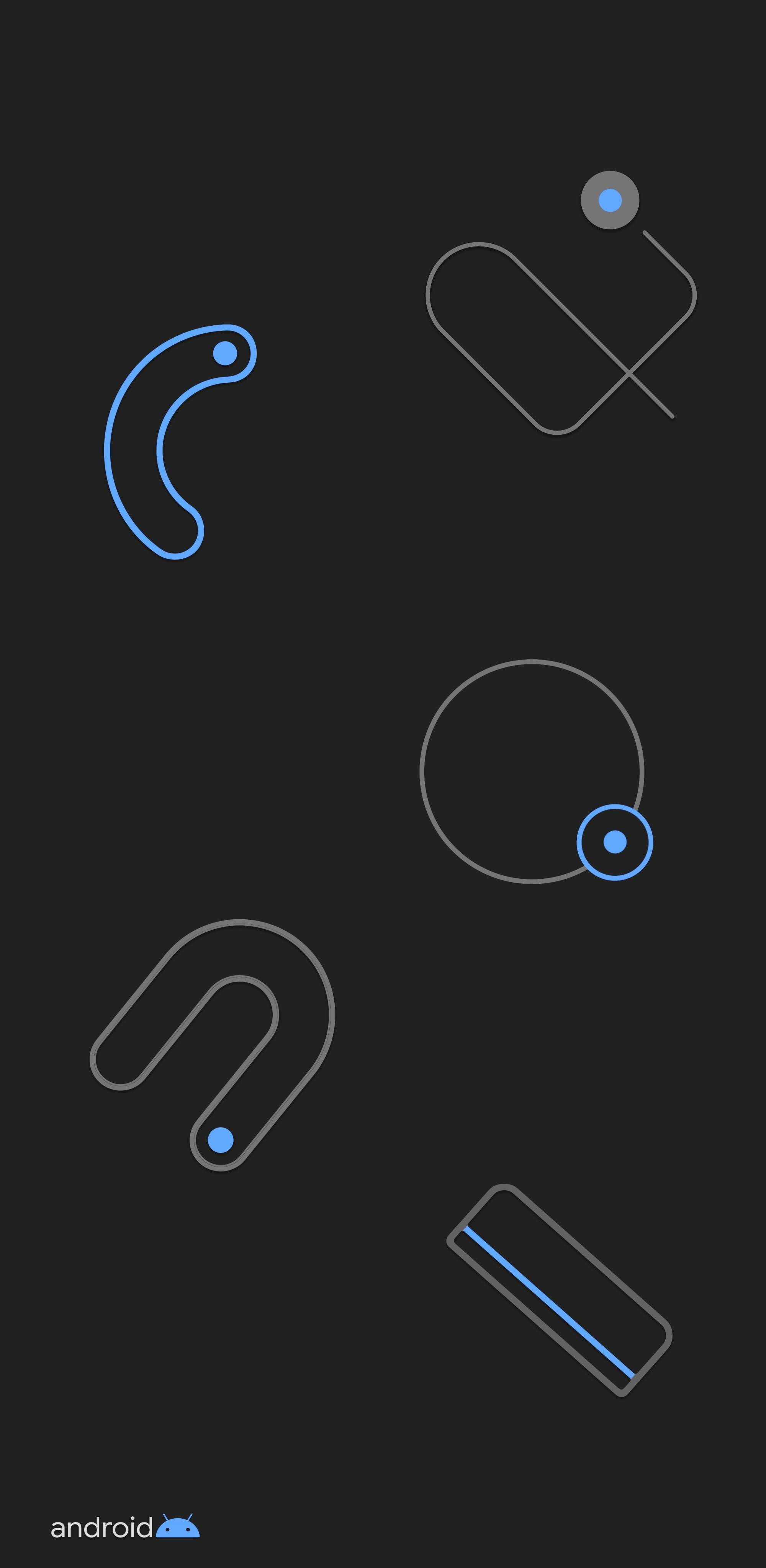 線條藝術圖形 Google Pixel 4 壁紙 — 藍色和灰色的極簡抽象形狀在深色背景上漂浮，底部有Android標誌。