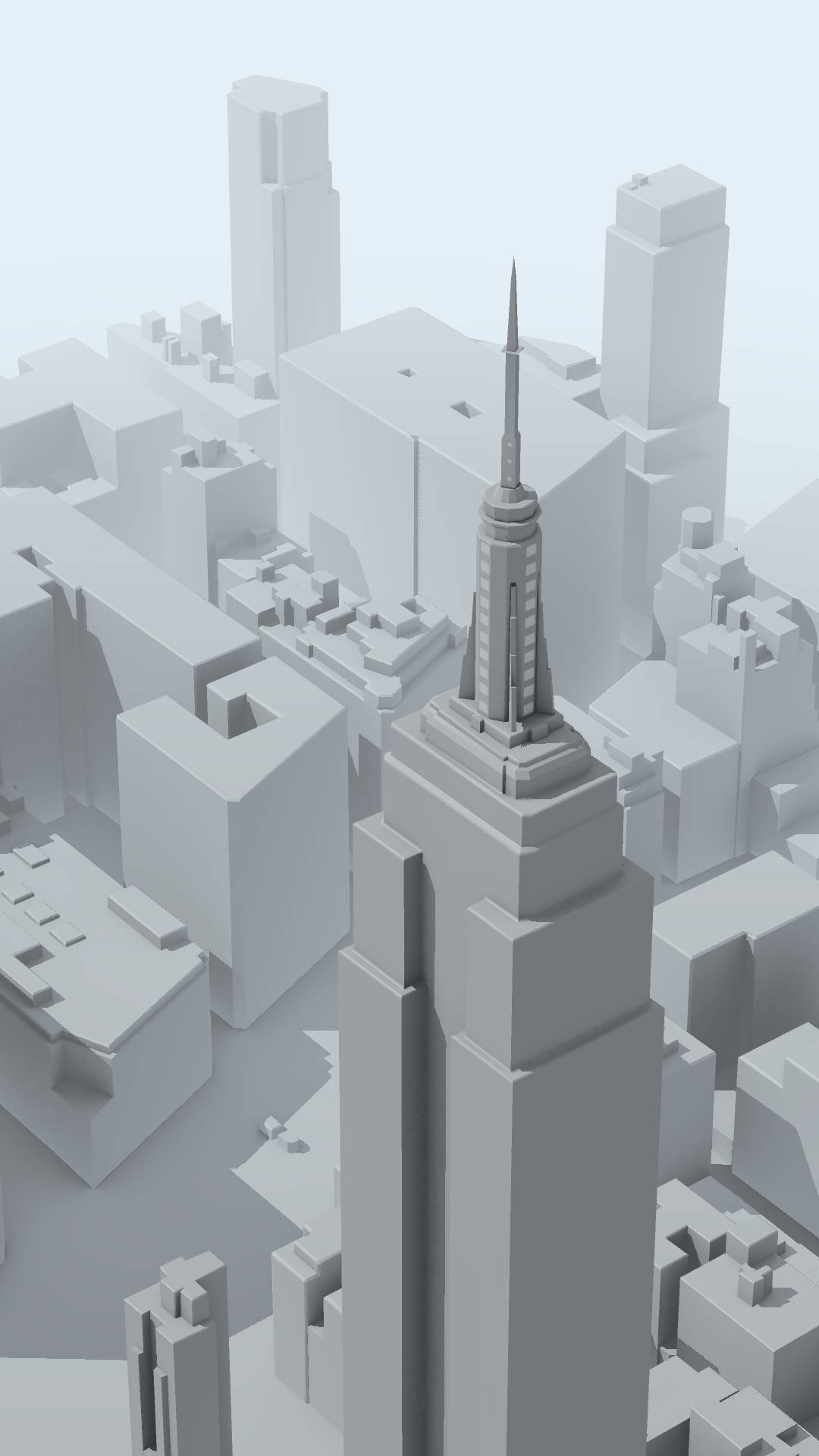 Google Pixel 乐高建築 壁紙 — 一個以3D渲染的極簡城市景觀，單色摩天大樓在柔和日光下。