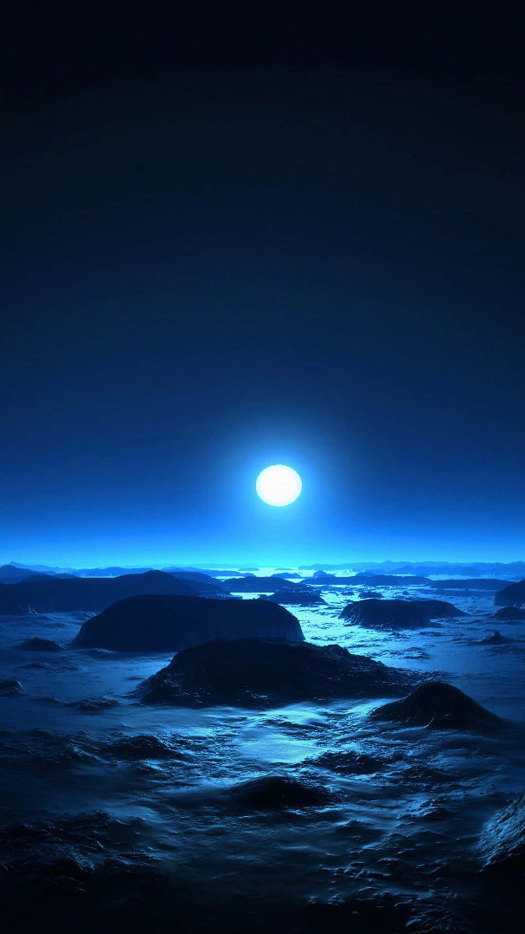 月光照亮了黑暗天空下漂浮著冰山的冰凍海洋。
