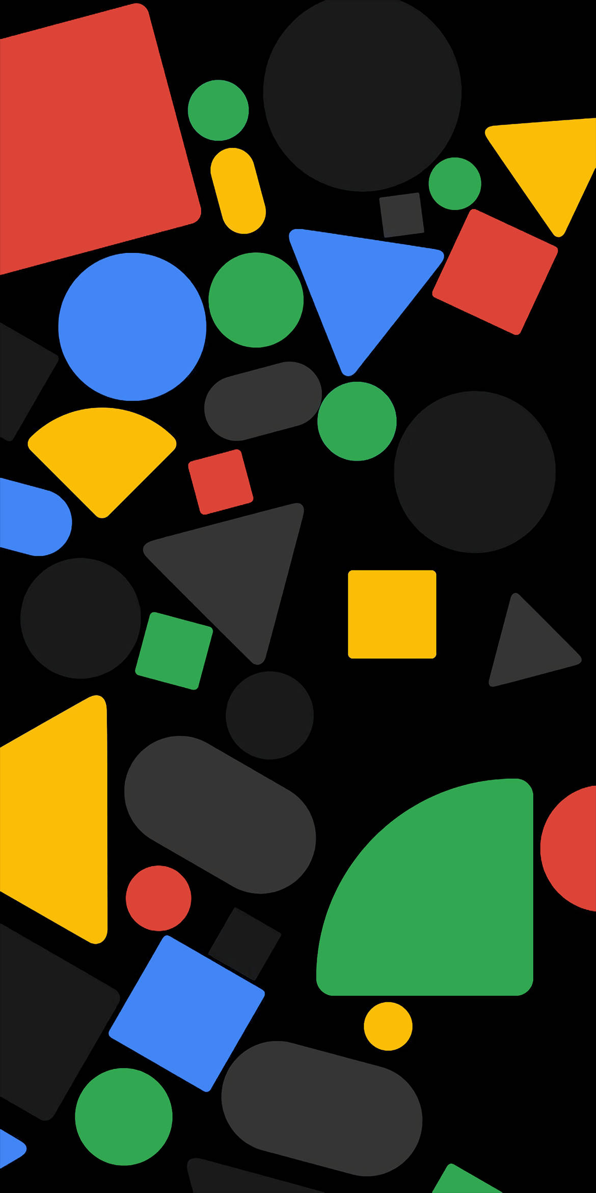 Google Pixel 抽象形狀 壁紙 — 鮮豔的幾何形狀以大膽的色彩漂浮在 stark 黑色背景上，創造出動態的抽象構圖。