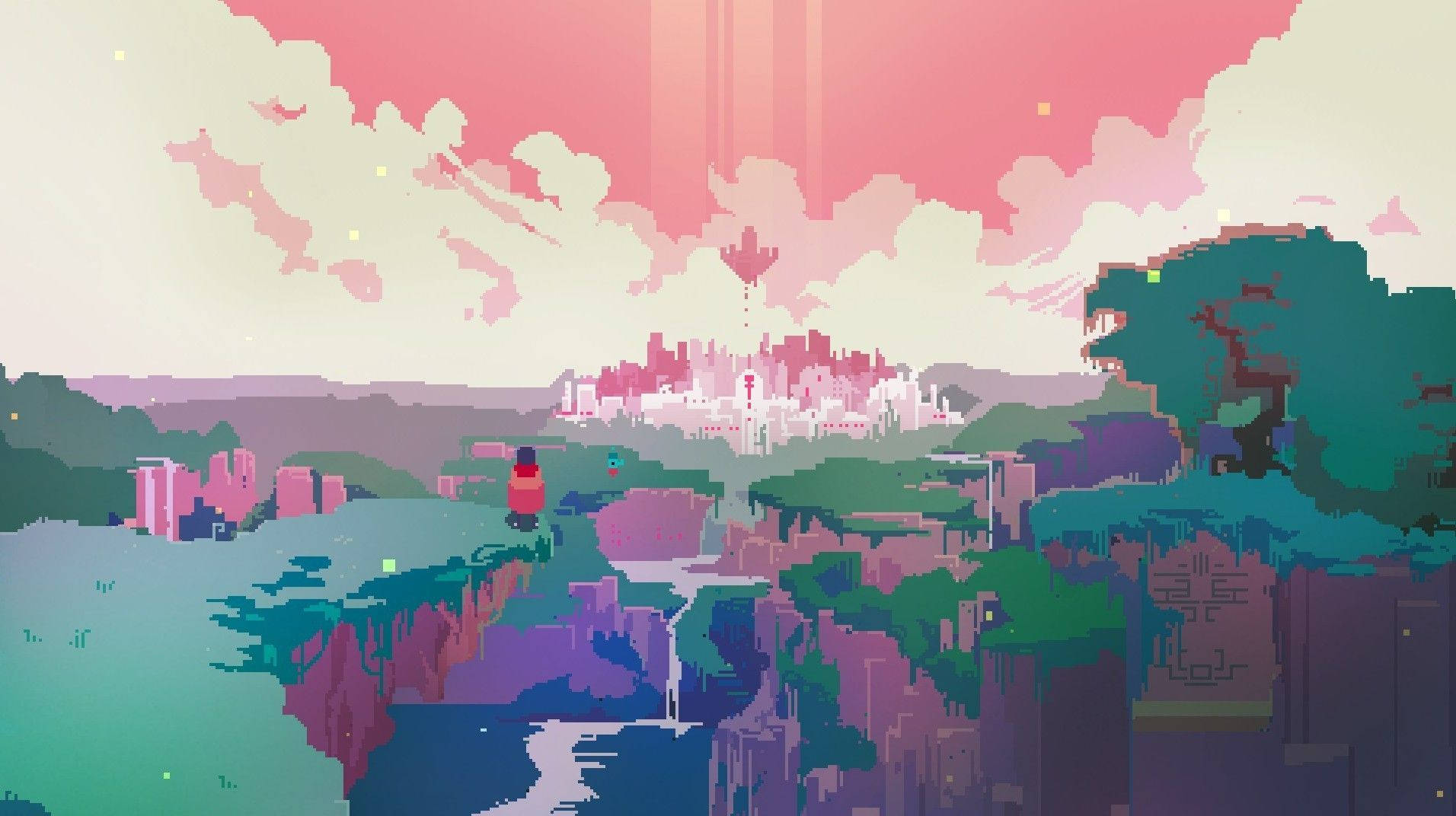 像素藝術場景，一個孤獨的身影站在懸崖上，觀看夕陽下的浮空城市。