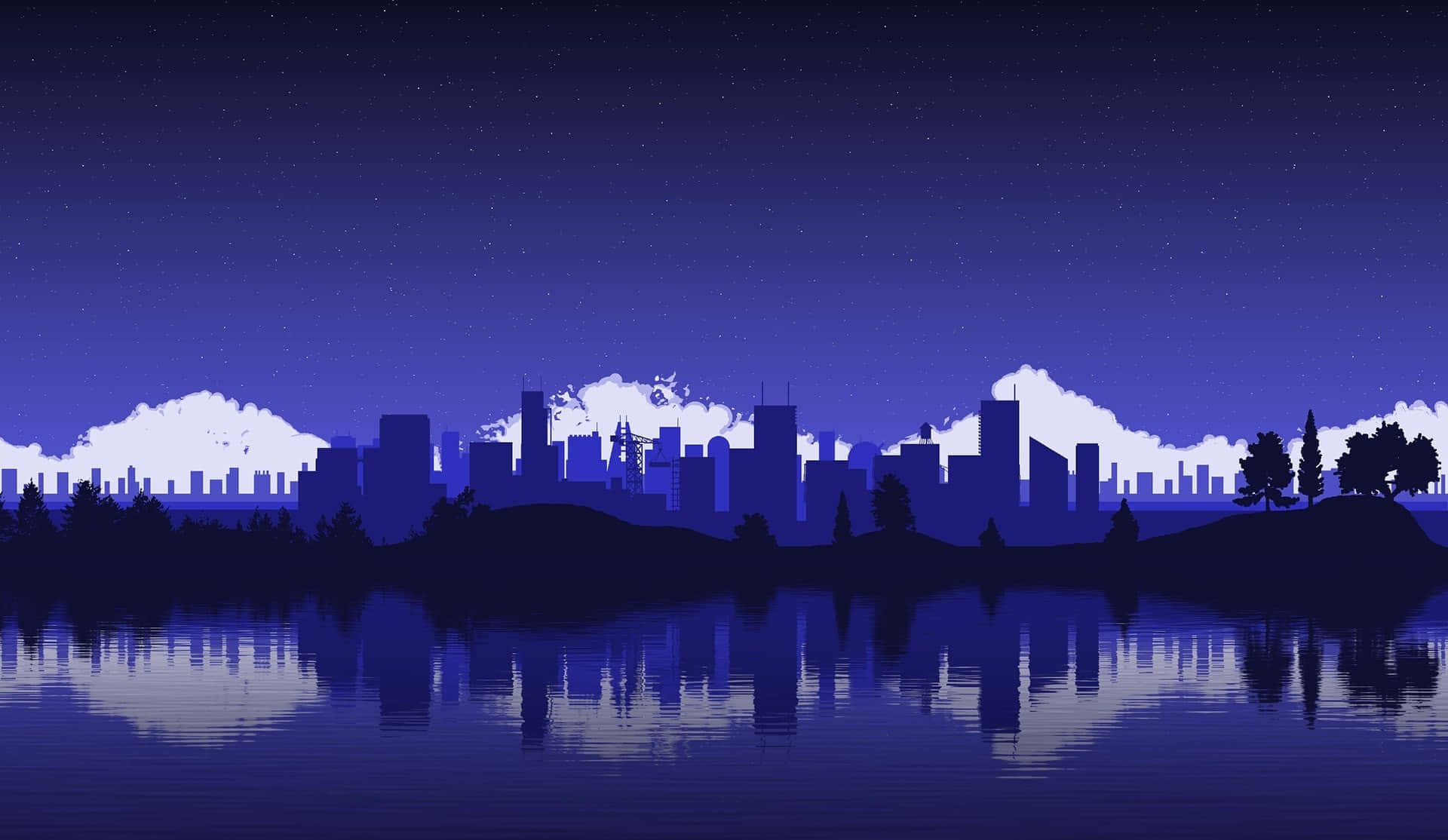 夜晚城市天際線在星空和發光雲彩下倒映在水中。