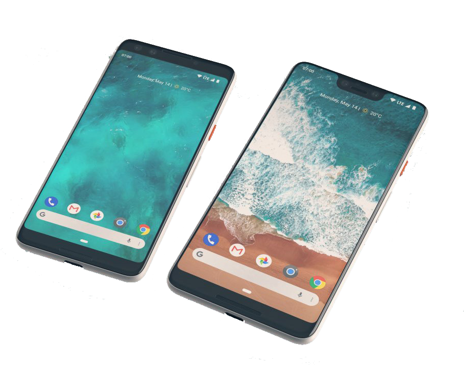 Google Pixel智慧手機浮動背景 壁紙 — 兩部智能手機傾斜放在黑色背景上，顯示帶有狀態欄和應用程式圖示的海洋波浪桌布。