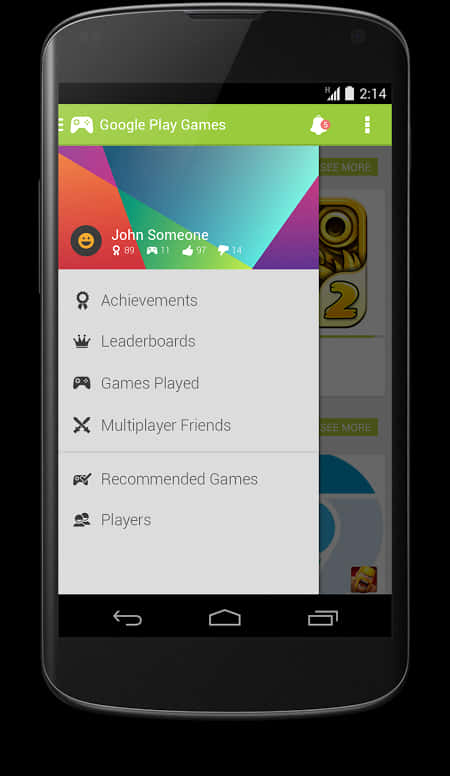 Google Play Games應用程式介面 壁紙 — 一部智能手機在色彩繽紛的抽象背景上顯示Google Play Games選單，包含用戶個人資料成就和遊戲選項。