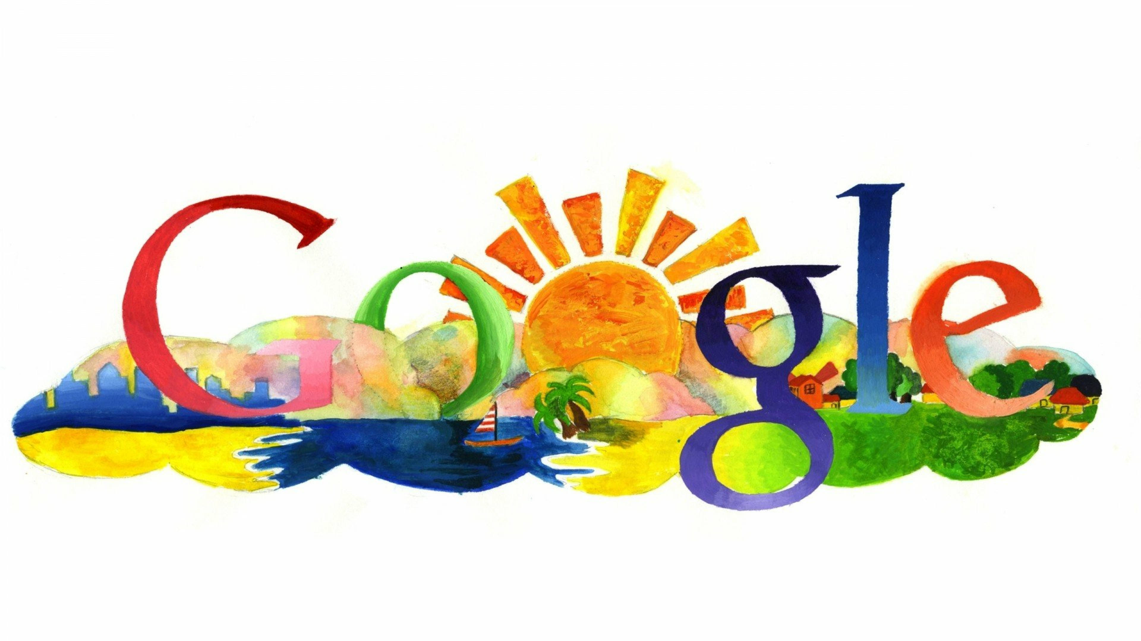 Google水彩藝術 壁紙 — 以鮮豔水彩風格呈現的Google標誌，內嵌太陽、帆船和風景場景。