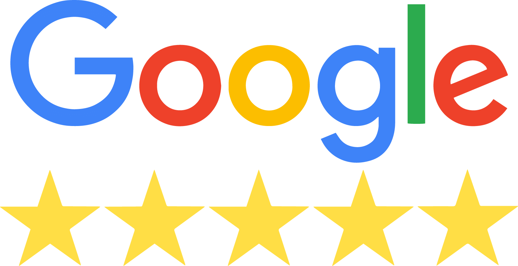 Google五星評分圖示 壁紙 — Google 標誌以其標誌性的多色字母位於黑色背景上的五顆黃色星星上方。