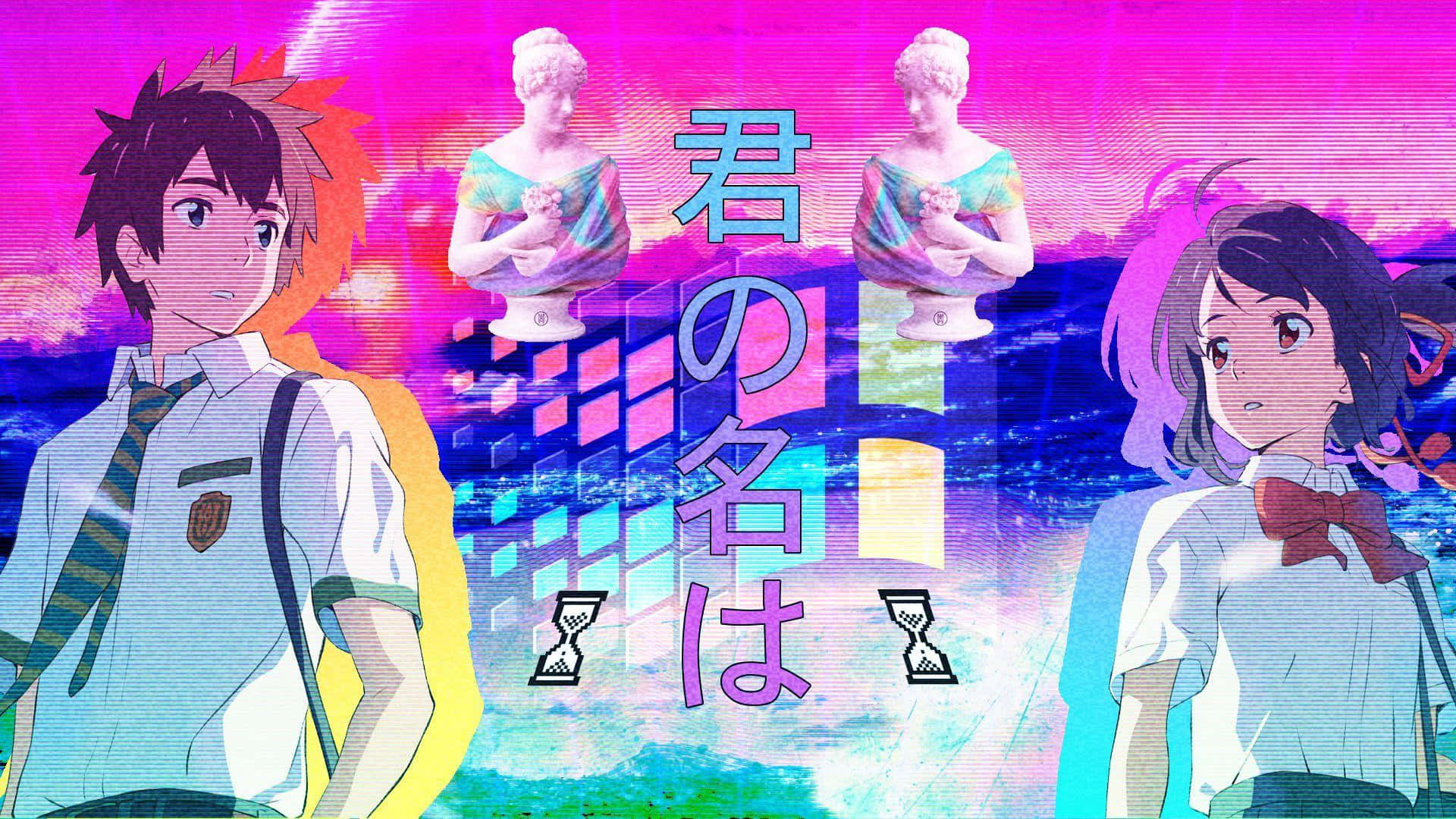 兩名身穿校服的動漫學生在故障風數位場景中站在發光的雕像前。