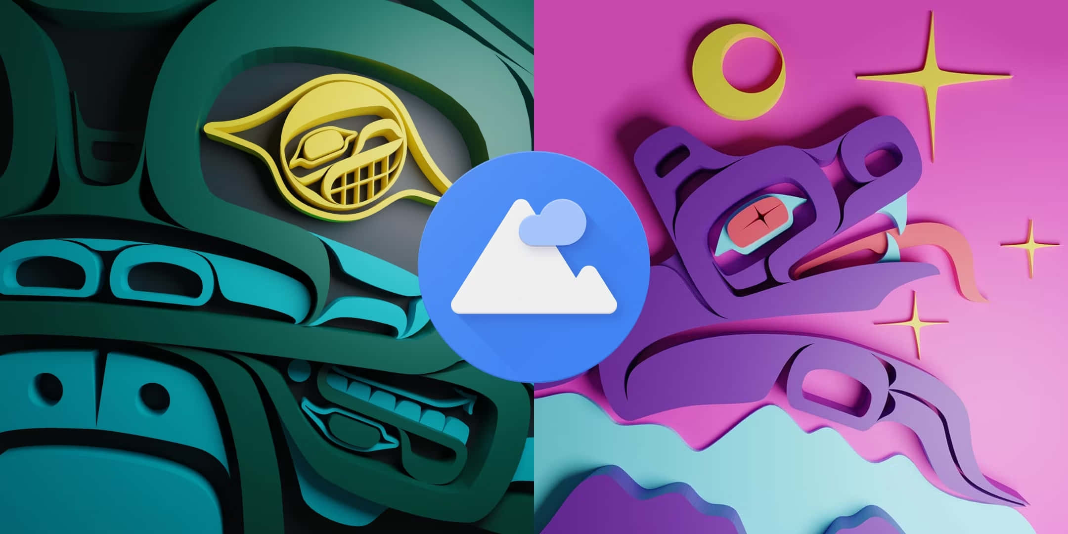 Google 廣告標誌 壁紙 — 充滿活力的3D渲染圖騰柱藝術，採用青綠色和紫色，配以黃色點綴和星星形狀，背景為粉紅色。