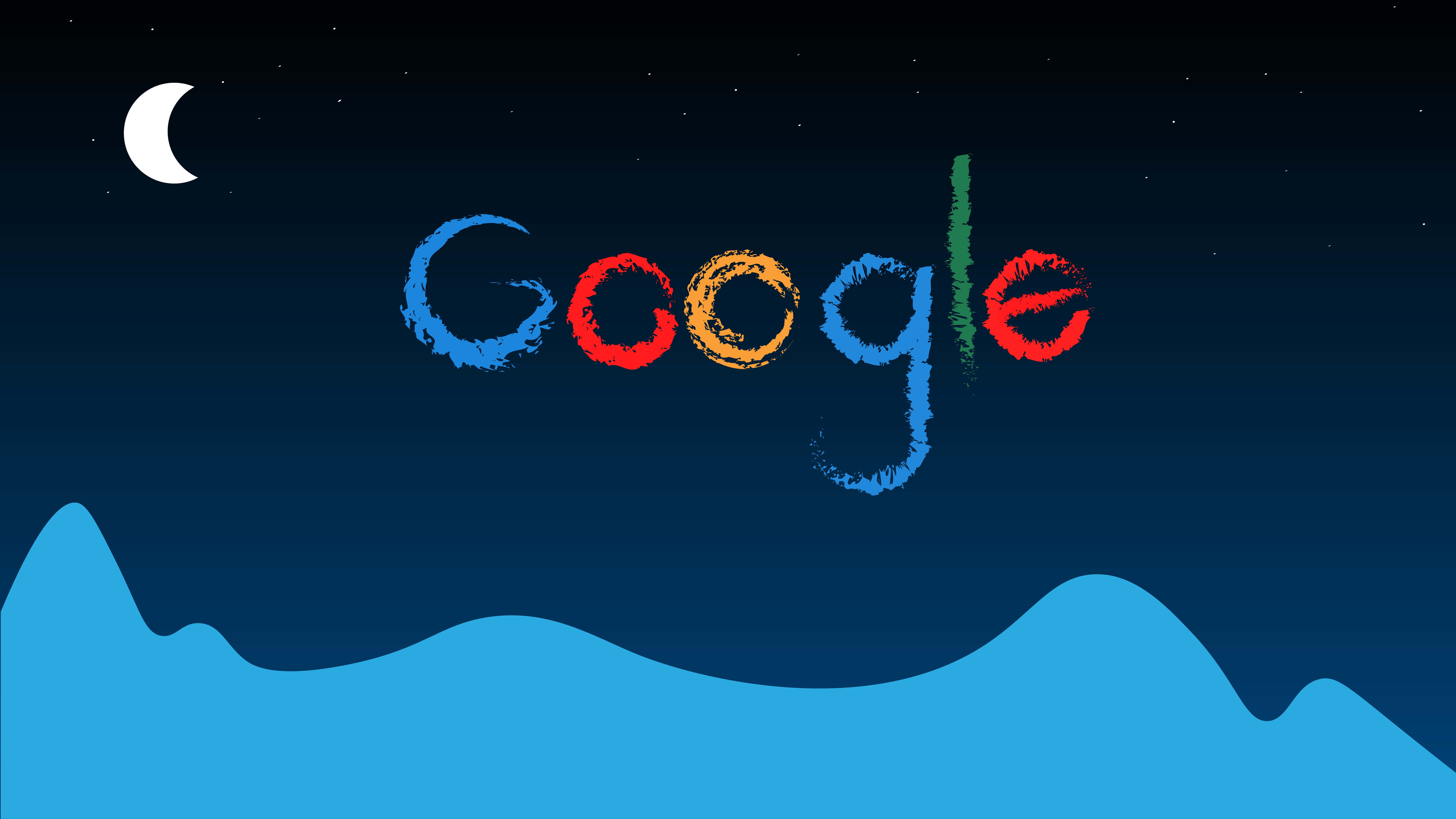 Google 標誌 壁紙 — 在繁星點點的夜空背景下，用彩色粉筆繪製的Google標誌，帶有新月和藍色山脈輪廓。