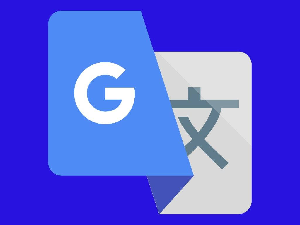 Google Translate 應用程式圖示，藍色和灰色設計，背景為藍色。