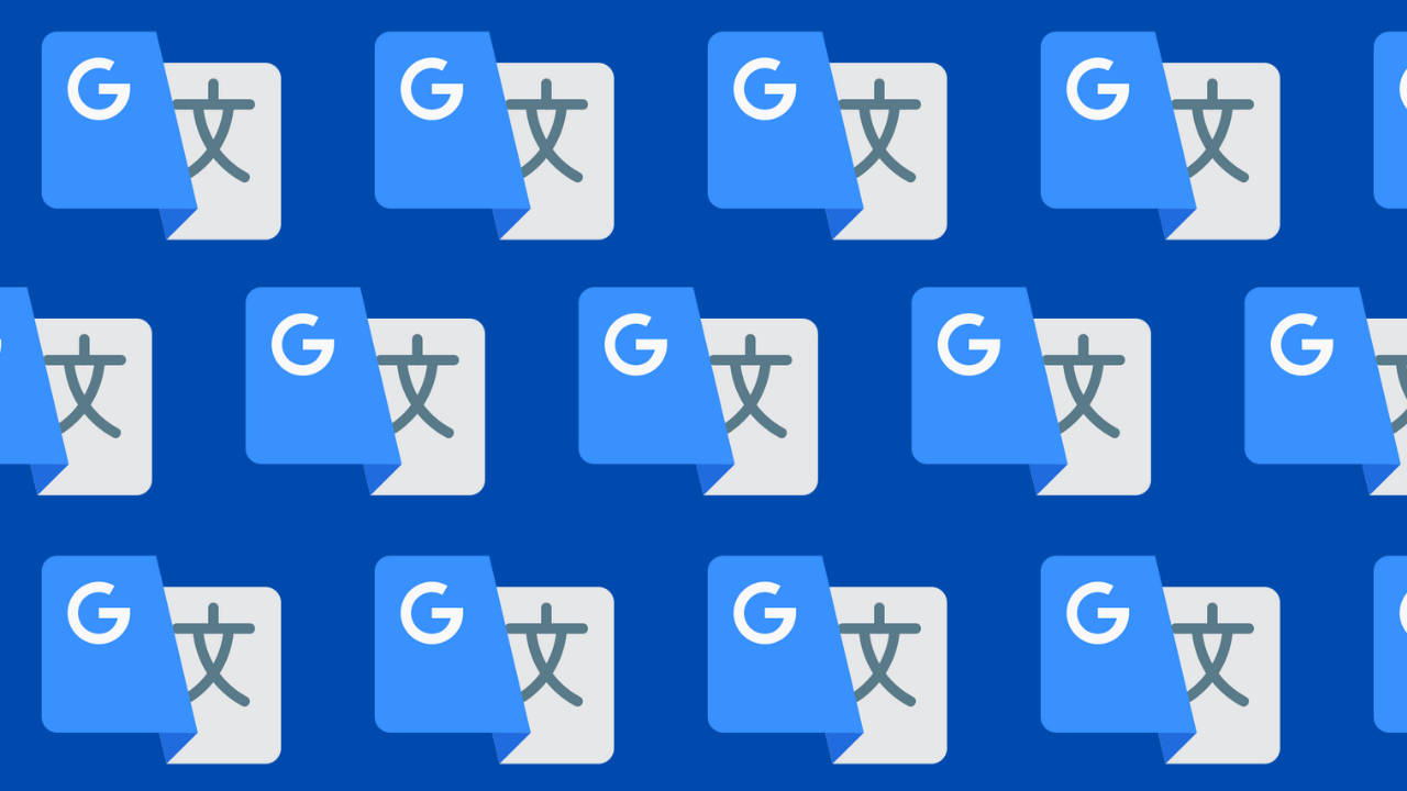Google 翻譯應用程式圖示以重複圖案排列在藍色背景上。