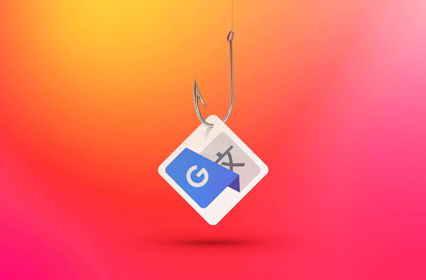 魚鉤在色彩繽紛的漸變背景上抓住一個Google Play Store應用程式圖示。