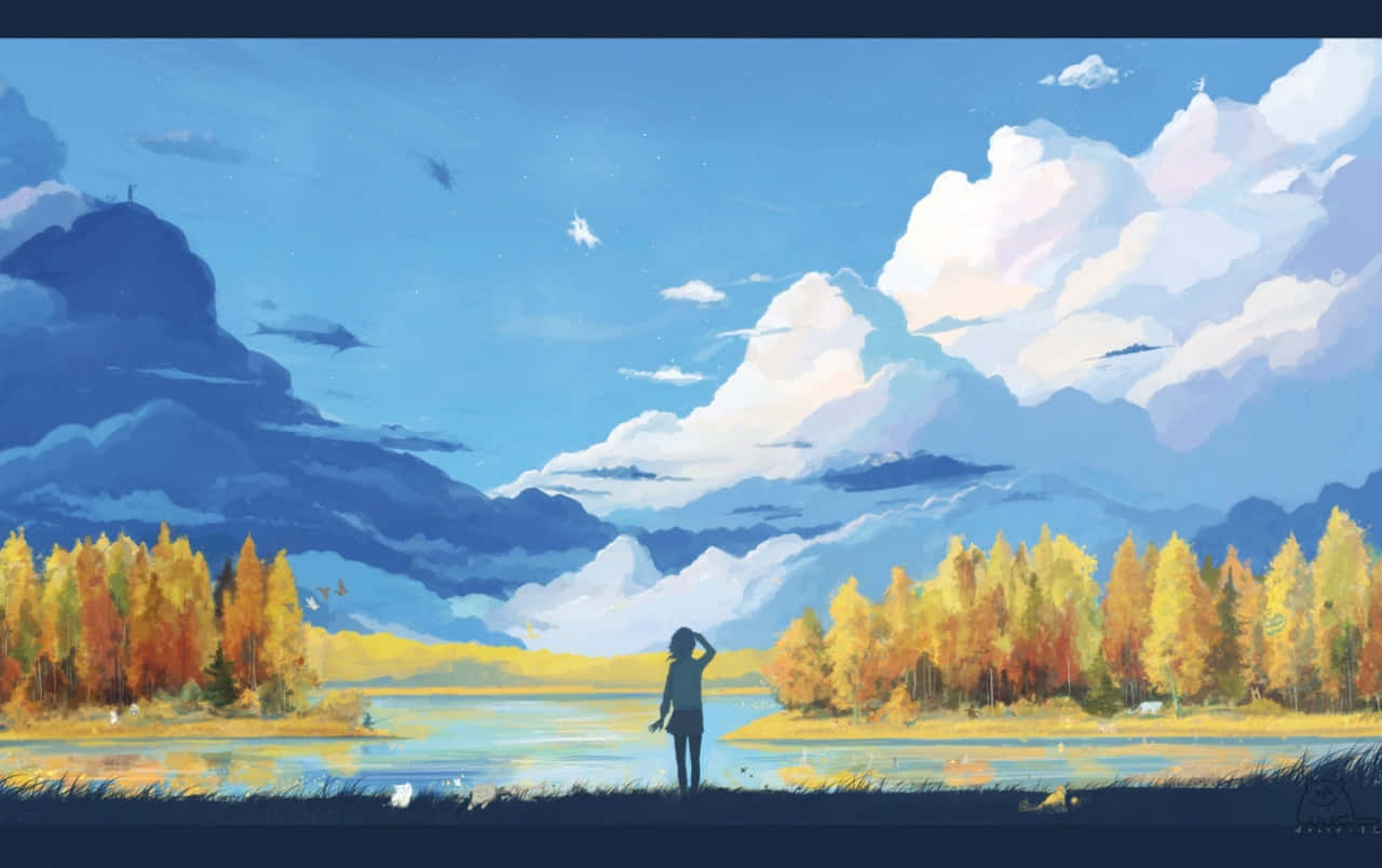 一個人站在湖邊，周圍是秋天的樹木和山脈，藍天白雲。