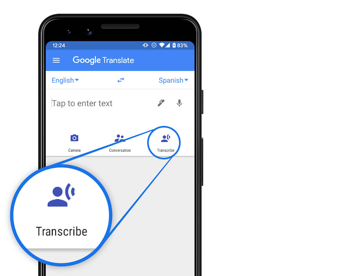 手機上的Google翻譯應用程式突出顯示轉錄功能。