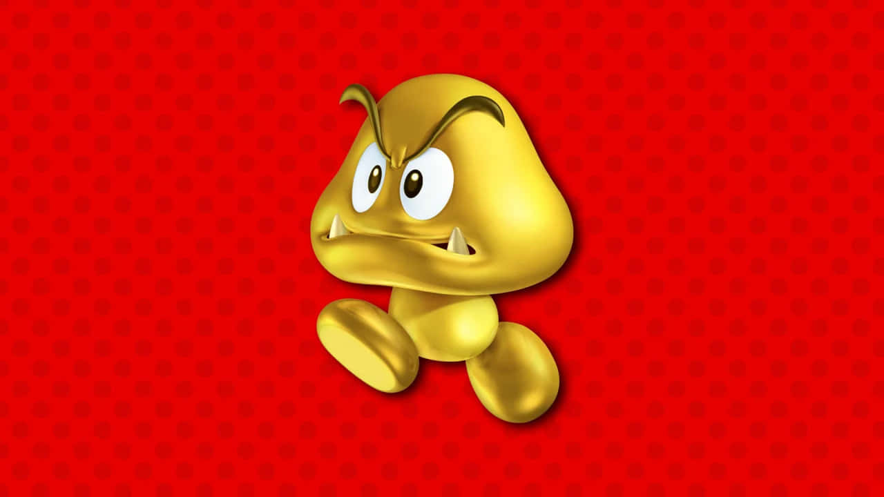 活潑Goomba動態影像 壁紙 — 一個閃亮的金色栗寶寶，帶著憤怒的眼睛和尖牙，漂浮在紅色圓點背景上。