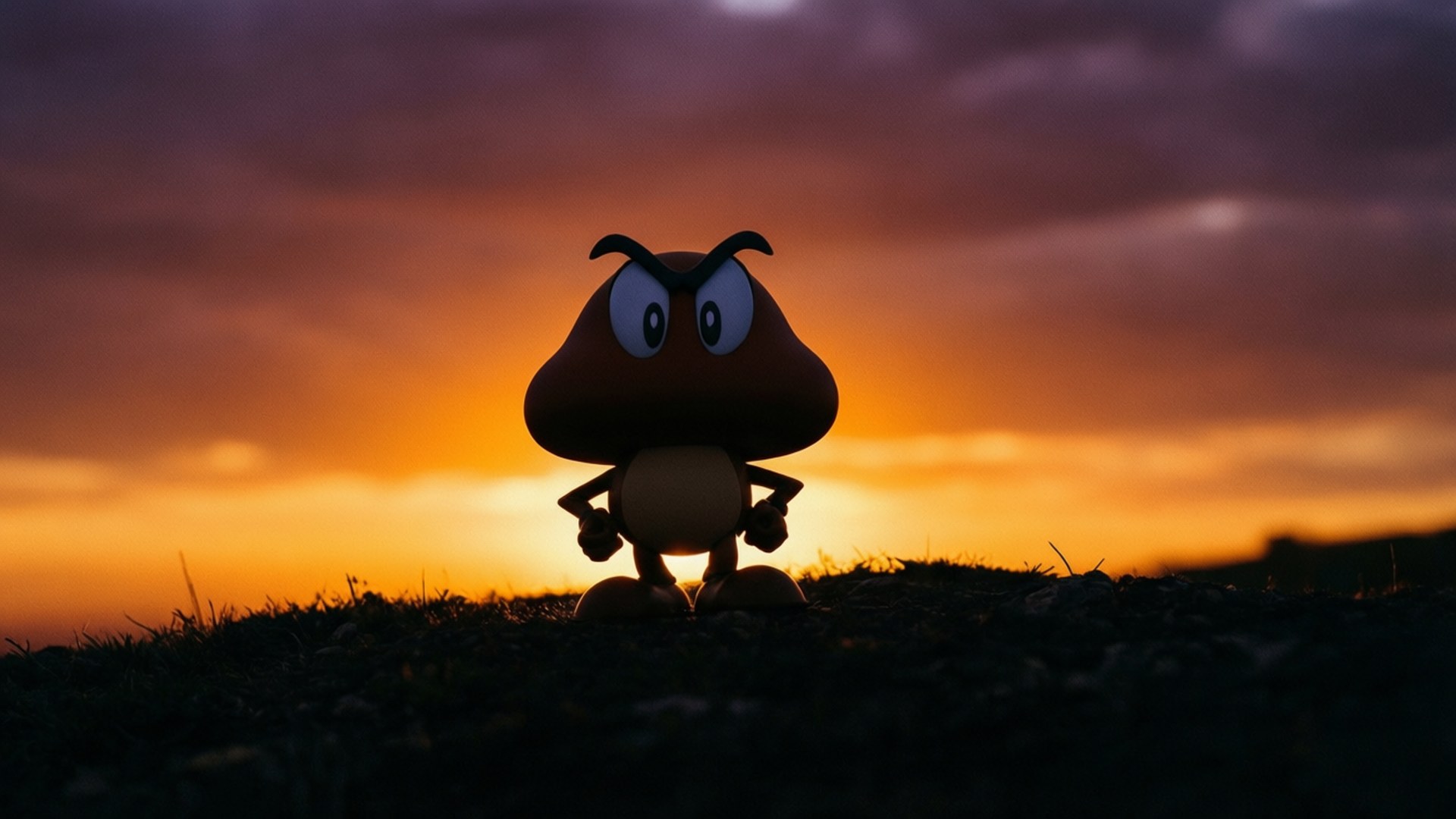 Goomba玩具剪影，背景為橙色和紫色的日落天空，位於草地上。