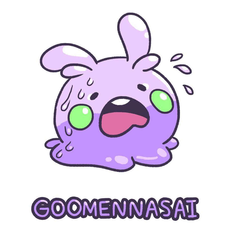 傷心 Goomy 無法度過一天 壁紙 — 一隻可愛的紫色卡通生物，有綠色眼睛和兔耳朵，看起來很驚恐，張開嘴巴大汗淋漓。