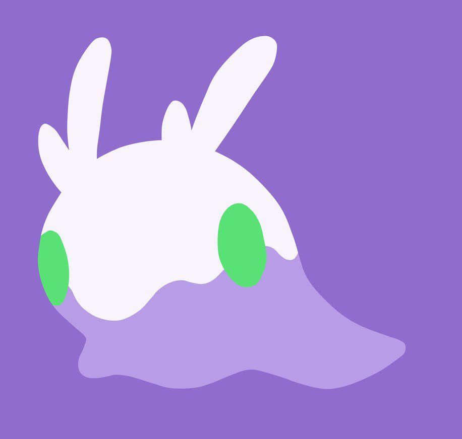 Goomy紫調極簡插畫 壁紙 — 一隻極簡風格的白色兔子剪影，有著綠色眼睛，躺在紫色波浪上，背景為純紫色。