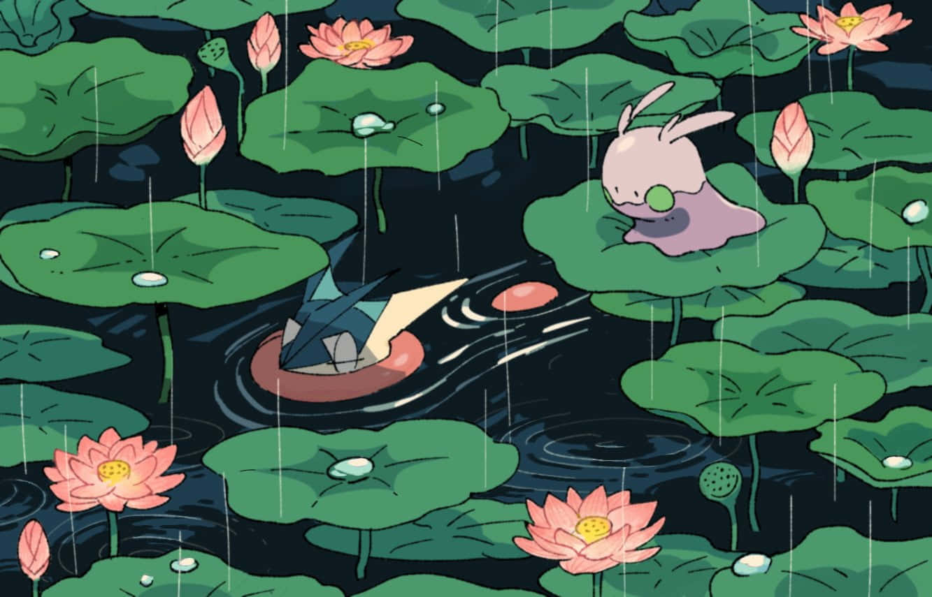 魔法 Goomy 坐在睡蓮葉上 壁紙 — 一隻可愛的粉紅色兔子坐在雨中的池塘荷葉上，周圍有綠葉和粉紅色睡蓮。