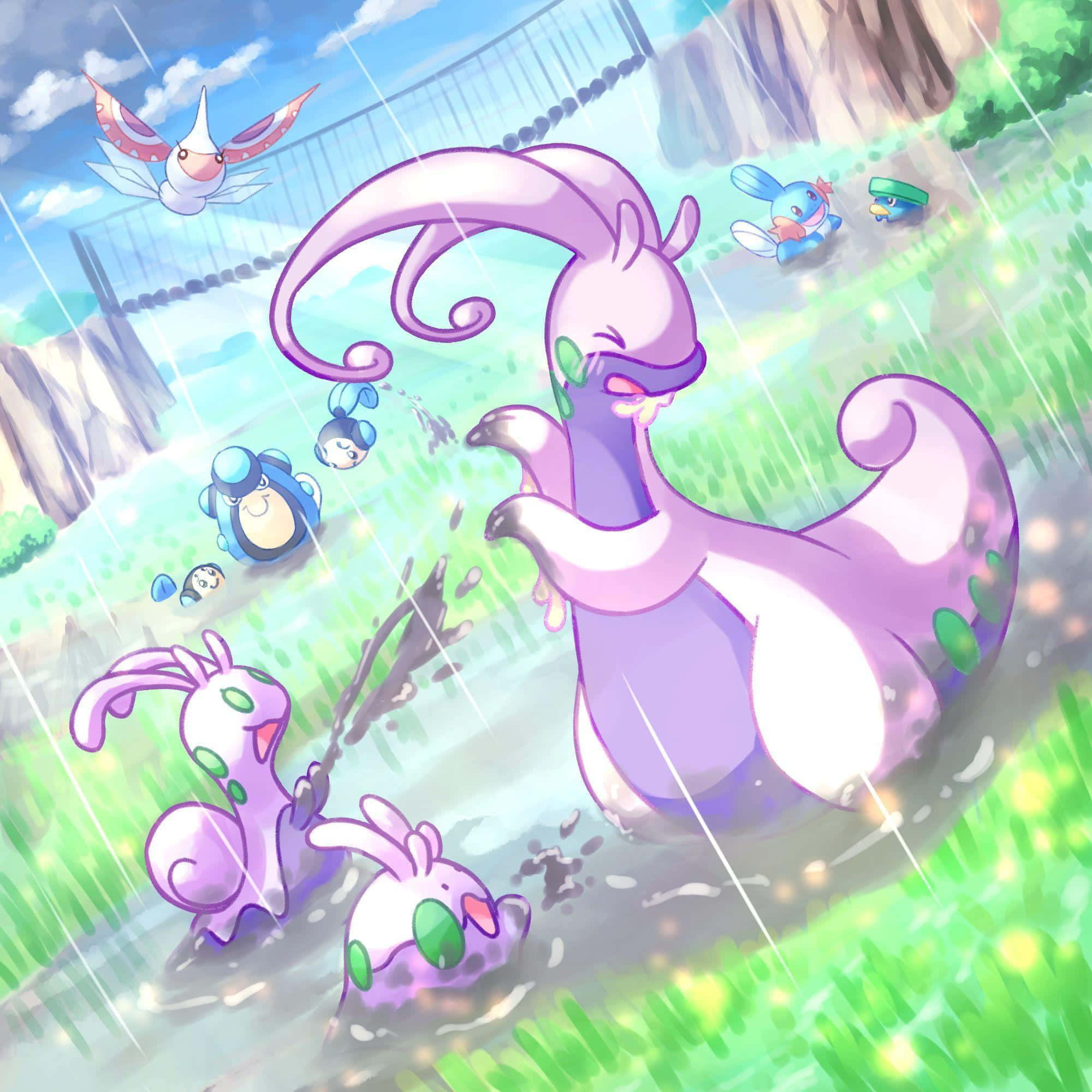 Goomy、Sliggoo 與 Goodra 在水中嬉戲 壁紙 — 一隻紫色寶可夢在雨中的田野裡快樂地潑水，較小的寶可夢在明亮的藍天下圍繞著牠玩耍。