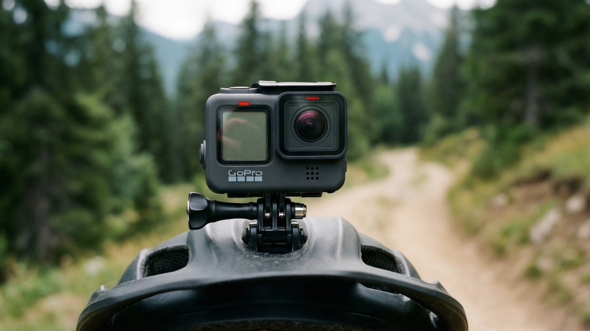 桌布 壁紙 — 安裝在頭盔上的GoPro相機指向一條森林小徑，背景是霧氣繚繞的山脈。