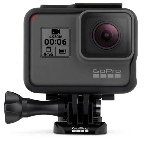 GoPro Hero 行動攝影機 壁紙 — 一部黑色GoPro運動相機，配備紫色鏡頭和數碼顯示屏，顯示錄製時間和4K 60W解像度。