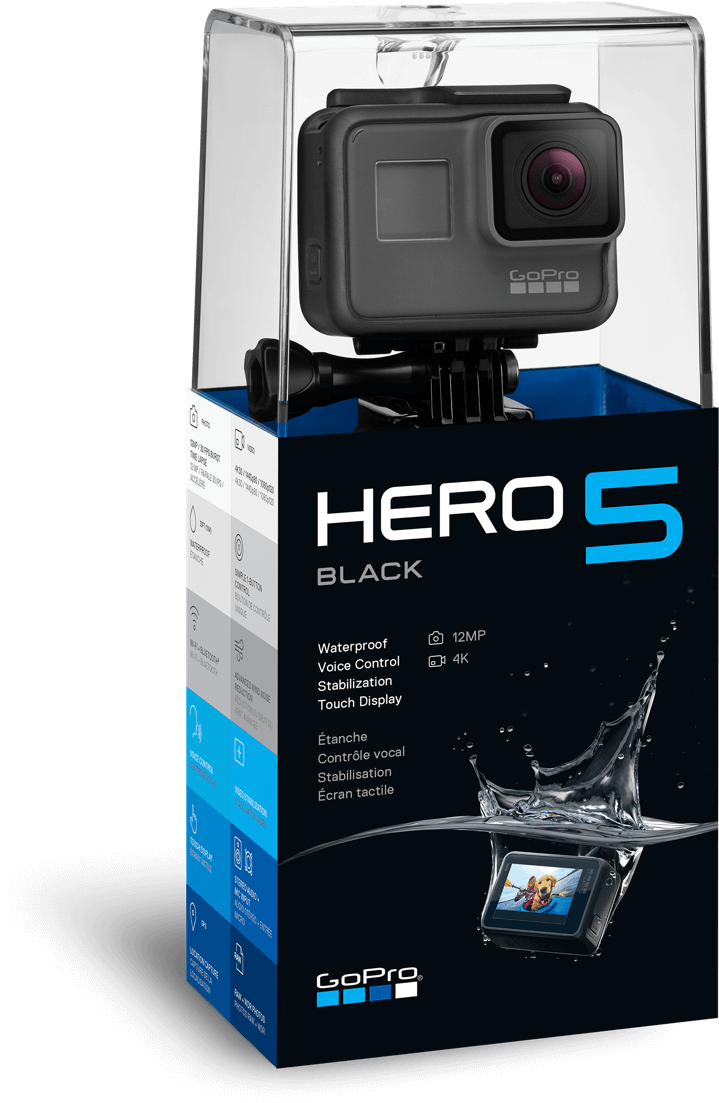 GoPro Hero5 Black 防水相機 壁紙 — GoPro Hero 5 Black 運動相機，透明包裝，黑色盒子上有水花圖案。